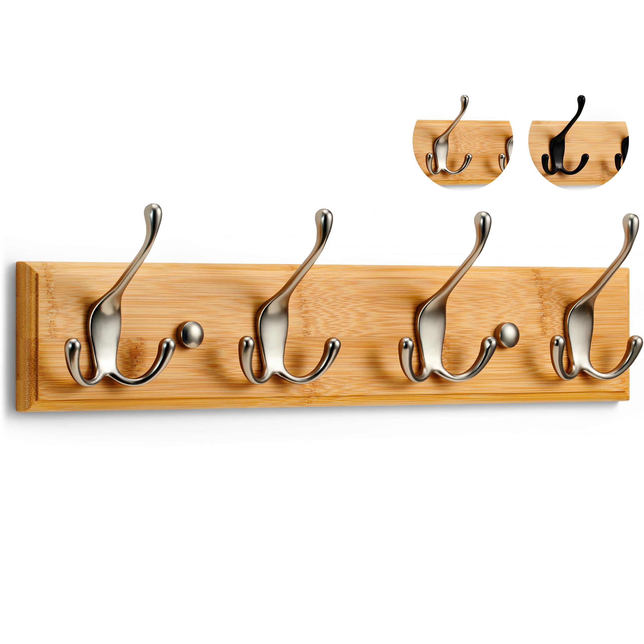 LARHN Wall-Mounted Coat Rack - 4 Matt-Nickel Triple Coat Hooks for Wall on Stylish Wooden Bamboo Base - 42 cm - All Fixings Included