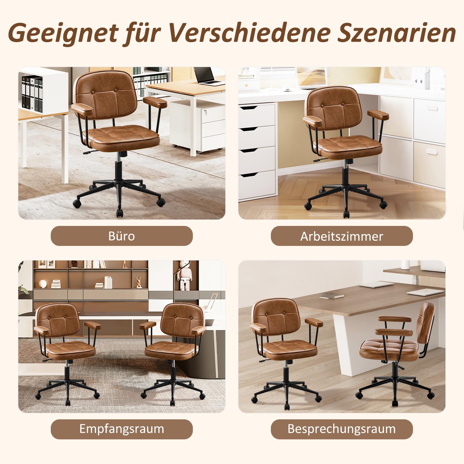 Hellove Schreibtischstuhl Bürostuhl Ergonomisch mit Armlehnen PU Leder 360° Drehstuhl Höhenverstellbarer Computerstuhl für Arbeitszimmer Homeoffice Büro Wohnzimmer Schlafzimmer, Braun