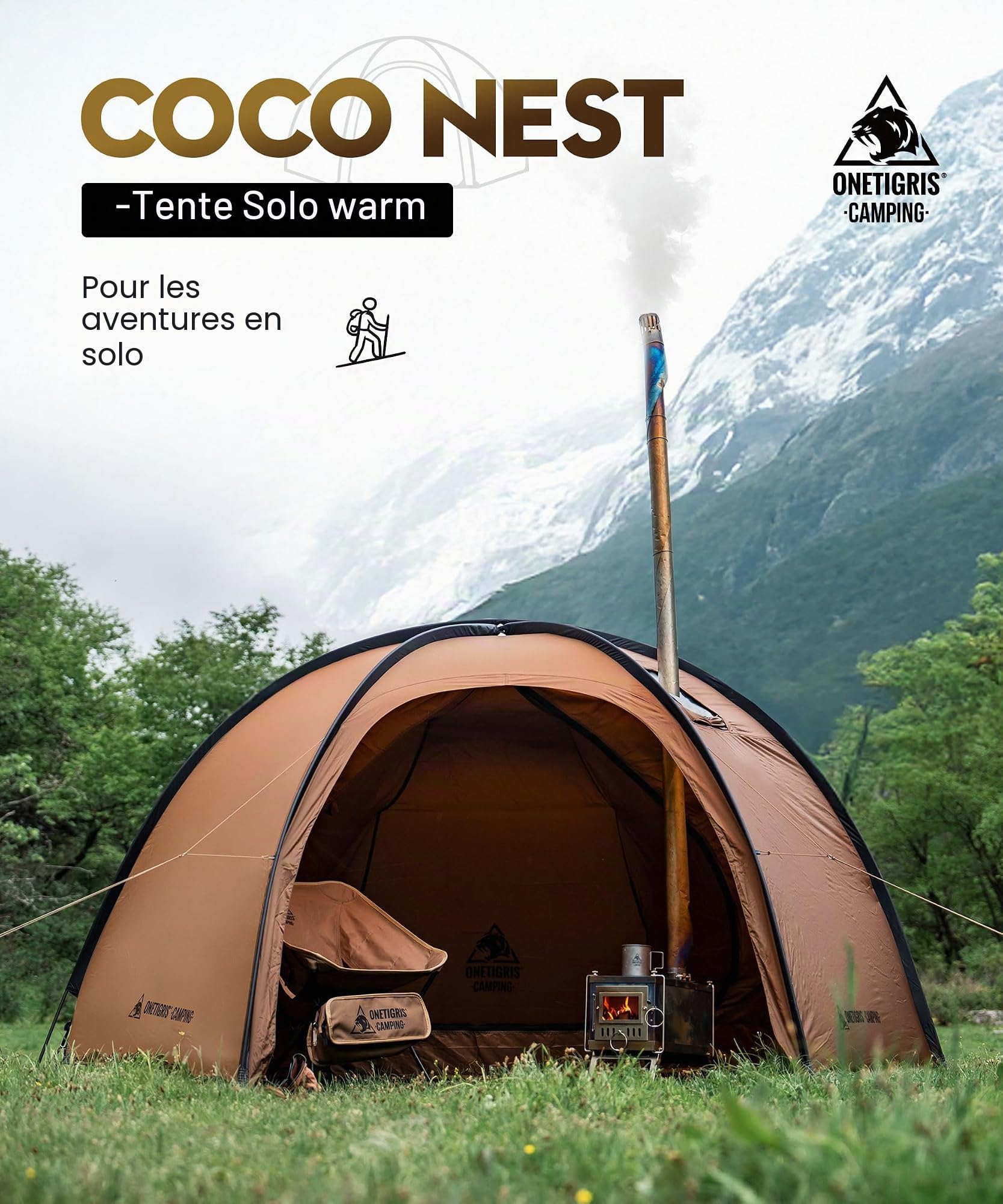 OneTigris Coco Nest Tente dôme avec ouverture pour cheminée, tente chaude avec moustiquaire intérieure pour 1 personne, tente de camping étanche 3000 mm, pour solocamping, randonnée et plein air