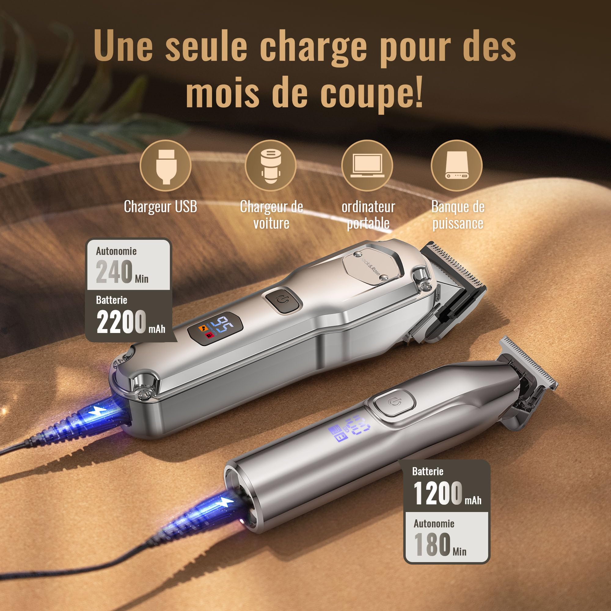 Tondeuse à cheveux professionnelle & T-lames Trimmer Set pour hommes, Tondeuse cheveux, Tondeuse à barbe, Tondeuse à cheveux électrique IPX7 étanche à l'eau