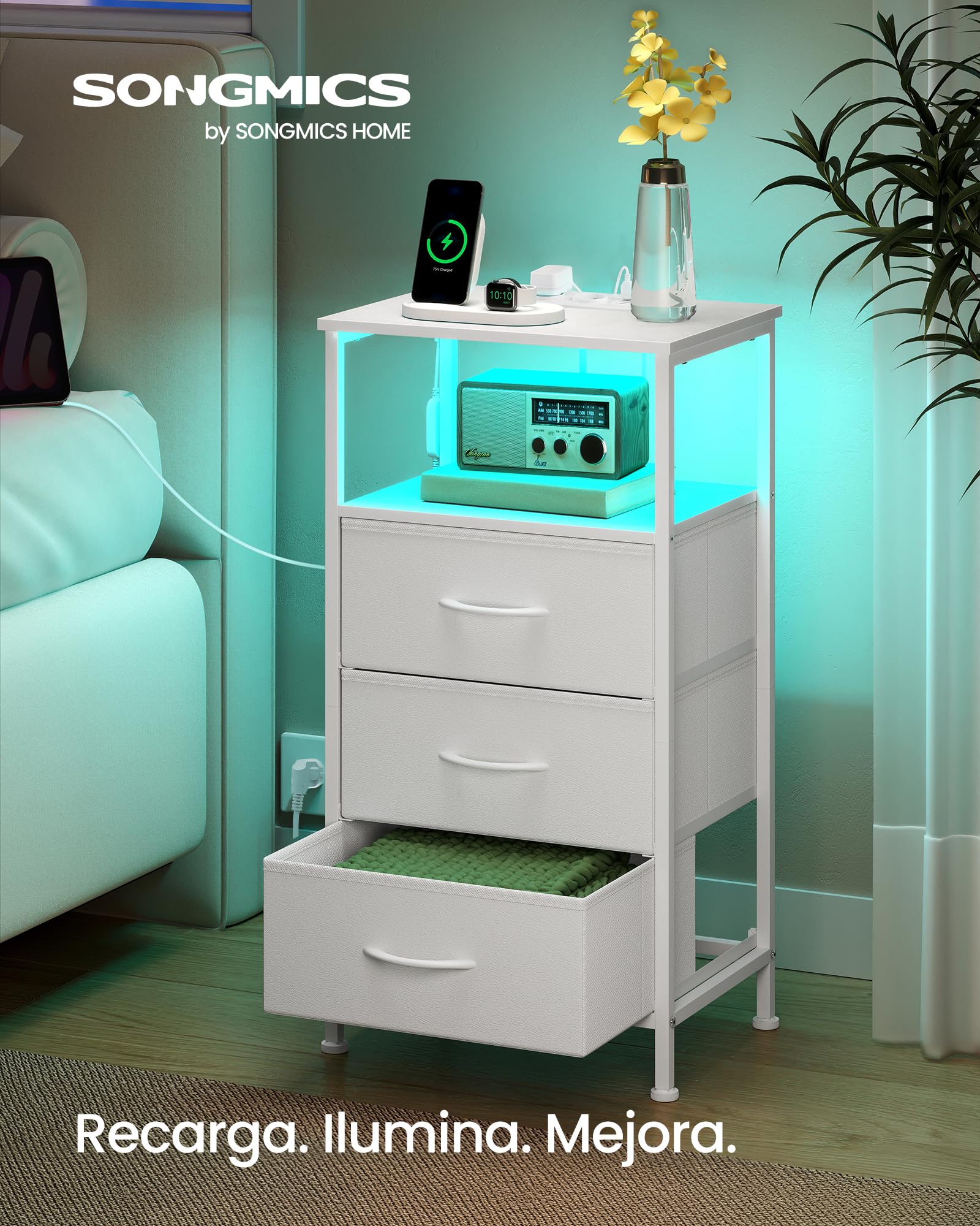 SONGMICS BELLAH Colección - Mesita de Noche con Estación de Carga, Mesa Auxiliar con Luz LED Ajustable Controlada por App, 1 Estante y 3 Cajones, Juego de 2, Blanco Nube LGS203W102