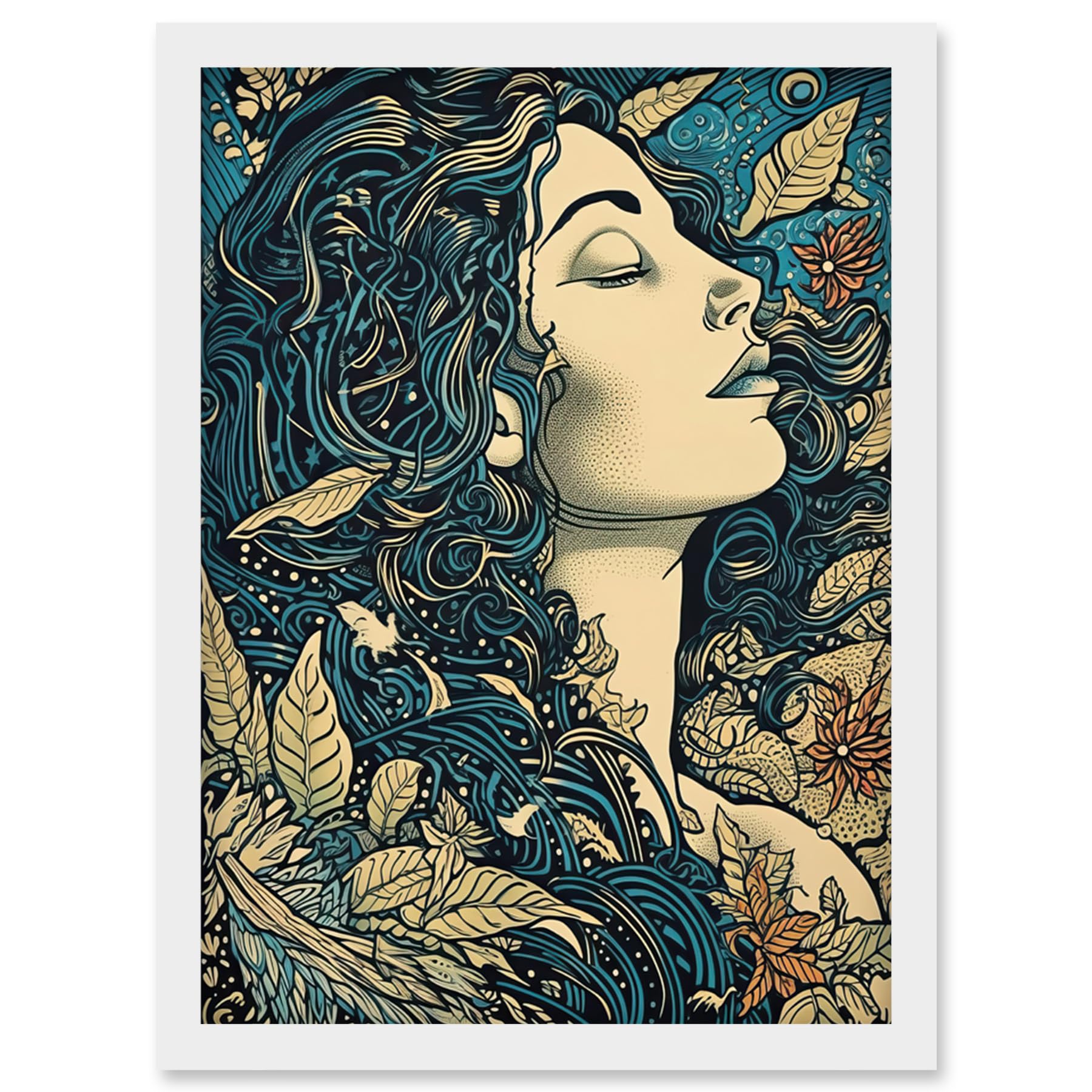 Artery8 Mother Nature Modern Boho Art Nouveau Linocut Artwork Framed Wall Art Print A4