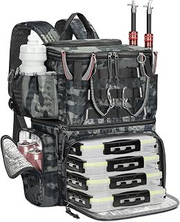 MATEIN Mochila Pesca con 4 Cajas de Aparejos y Soporte para Caña, Impermeable Mochila de Pesca con Brújula de Seguridad y Compartimento Isotérmico, Regalo para Pescadores, Camuflaje