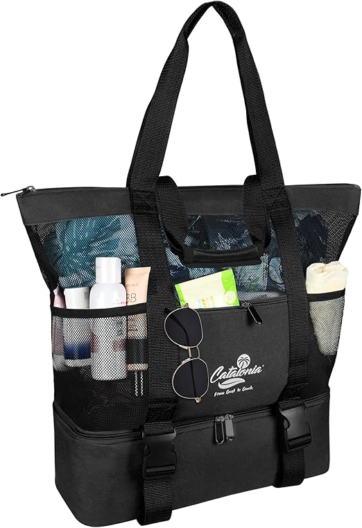 Catalonia Large Beach Tote with Cooler, Mesh Bag for Women, Sandproof, Ideal for Family Beach Trips & Vacation Essentials