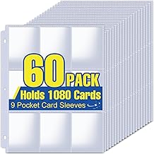 1080 Pockets Card Sleeves Binder Sheets, 9 Pocket Card Sleeves for 3 Ring Binder, Trading Cards Sleeves Fit for Baseball, Football, Game, Business Cards(60 Pages)