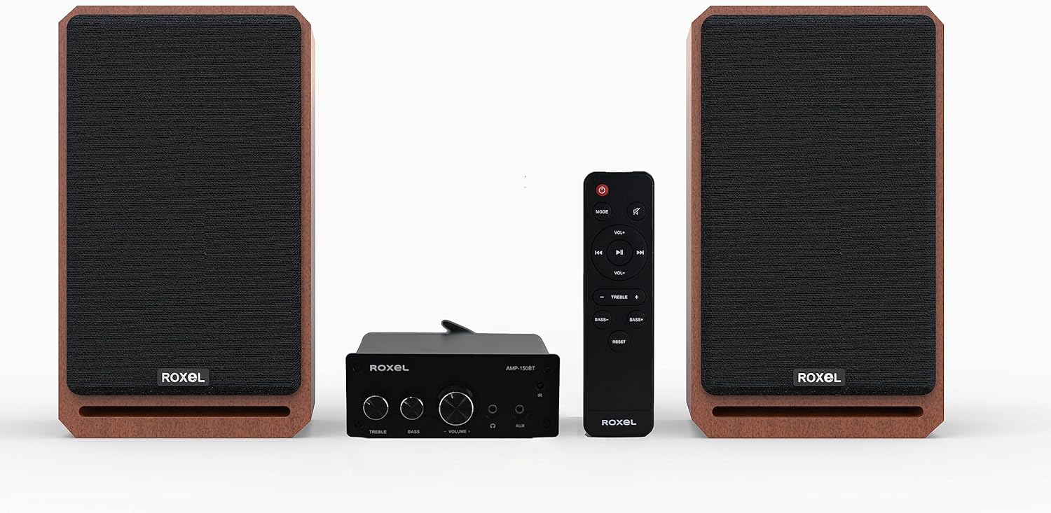 Roxel RBS 300 Bookshelf Speaker mini Amplifier, Wood Effect with 4 inch Enhanced Carbon
