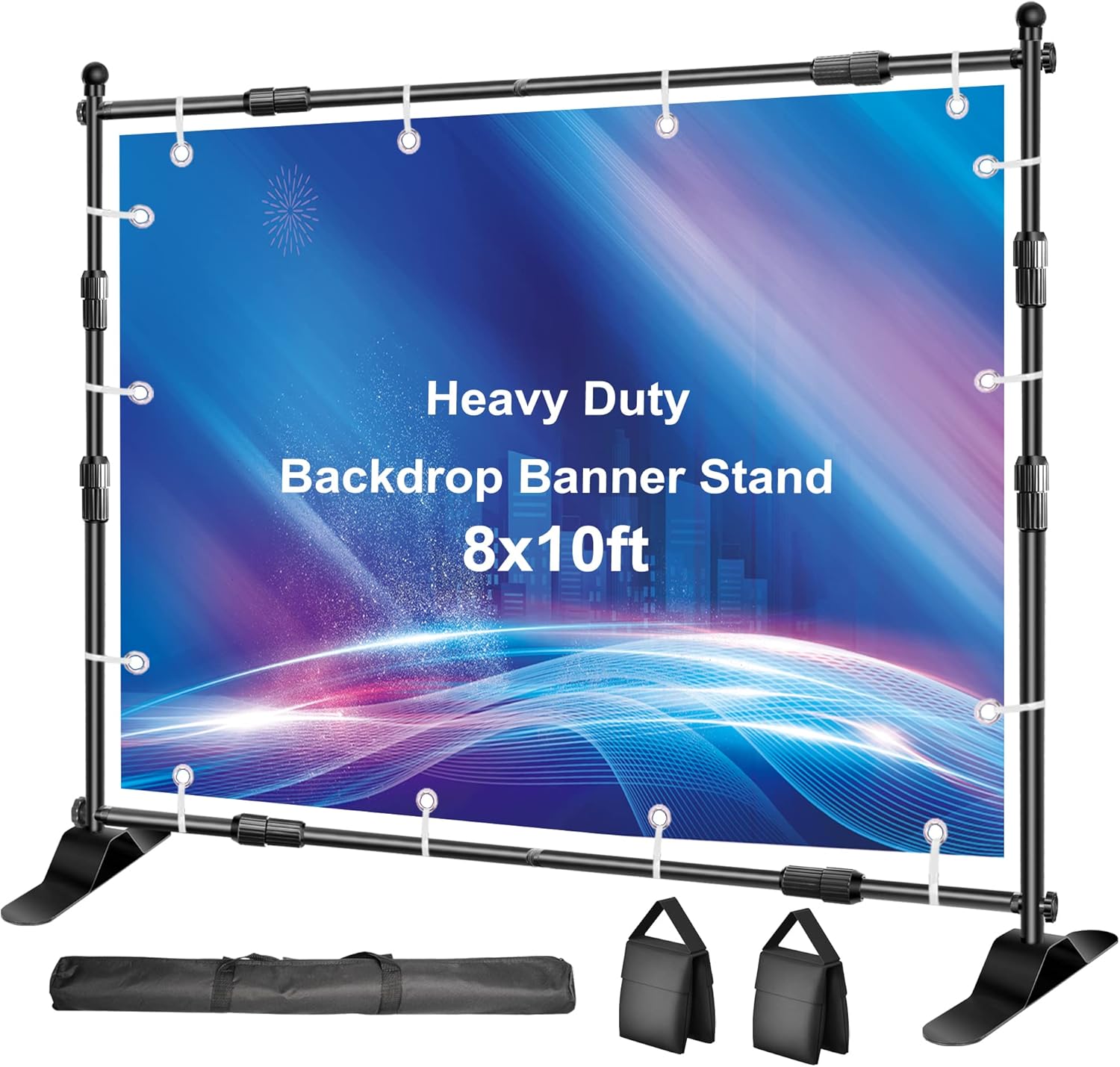 FUDESY Backdrop Banner Stand, 10x8ft Heavy Duty Display Frame Stand, Adjustable Metal Telescopic Tube, Step and Repeat Background Stand Kit for Trade Show, Photography Photo Booth, Party,with Sandbags