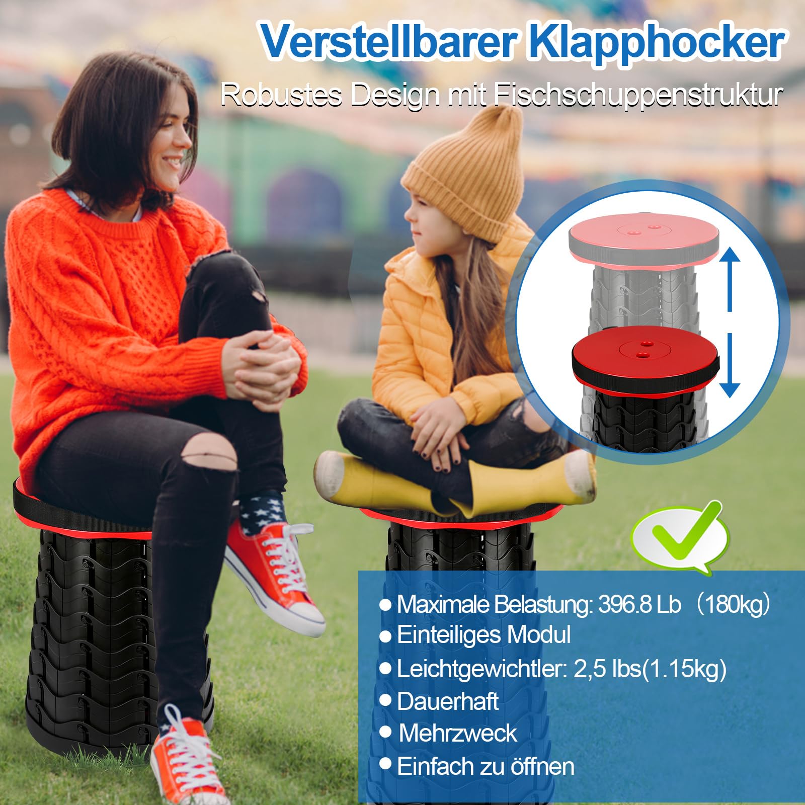 Sgabello telescopico pieghevole portatile da campeggio, regolabile in altezza e stabile, portata fino a 150 kg, compatto per esterni, giardino e viaggi, rosso