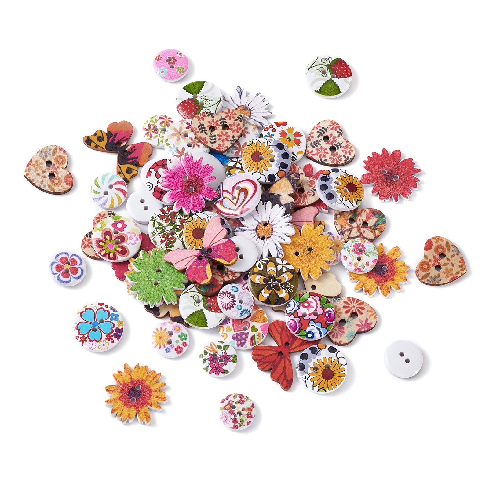 MegaPet 300 Stück bedruckte Holzknöpfe mit 2 Löchern, Herz, Blume, Schmetterling, runde Nähknöpfe mit Blumenmuster für DIY Nähprozess Dekoration