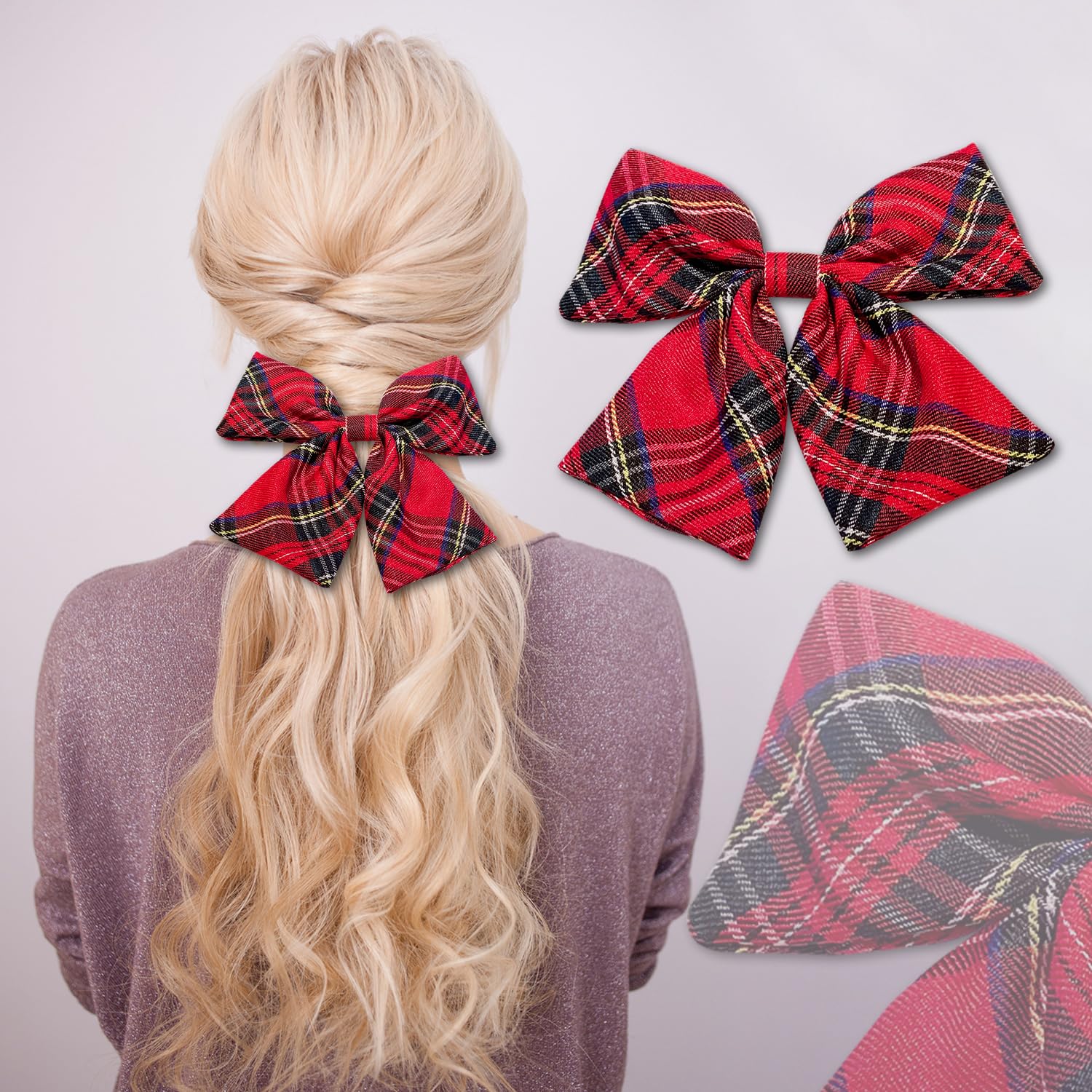 Miaija Red Tartan Bow Knot Hair Clip, Scottish Plaid Hair Bow Barrettes, Fashion Christmas Hair Accessories for Women - Image 3