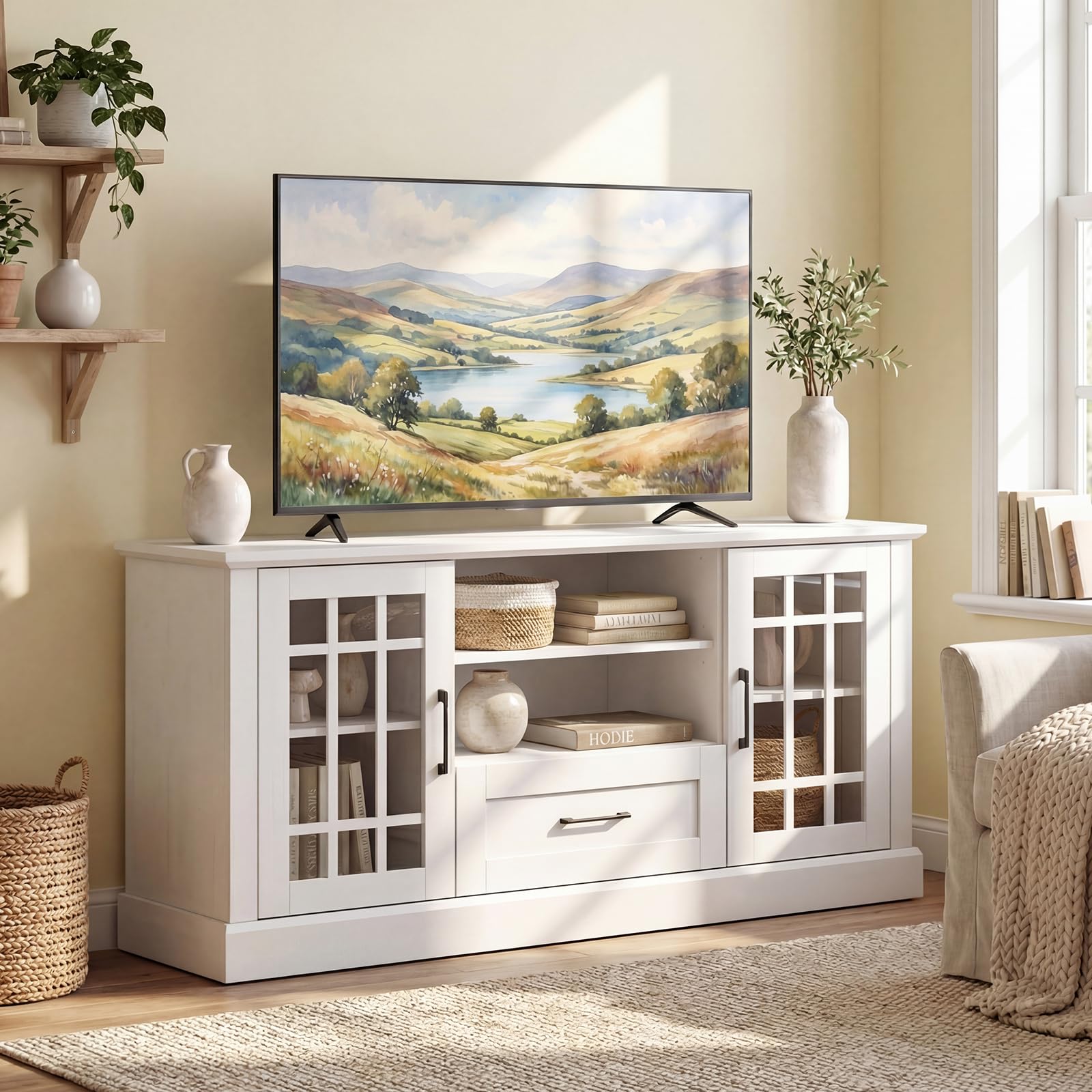 GIANTEX TV-meubel voor tv tot 55 inch, tv-standaard met schuifdeuren van rotan en glas, verstelbare plank, 120,5 x 31 x 45,5 cm, tafel voor woonkamer, slaapkamer (natuur