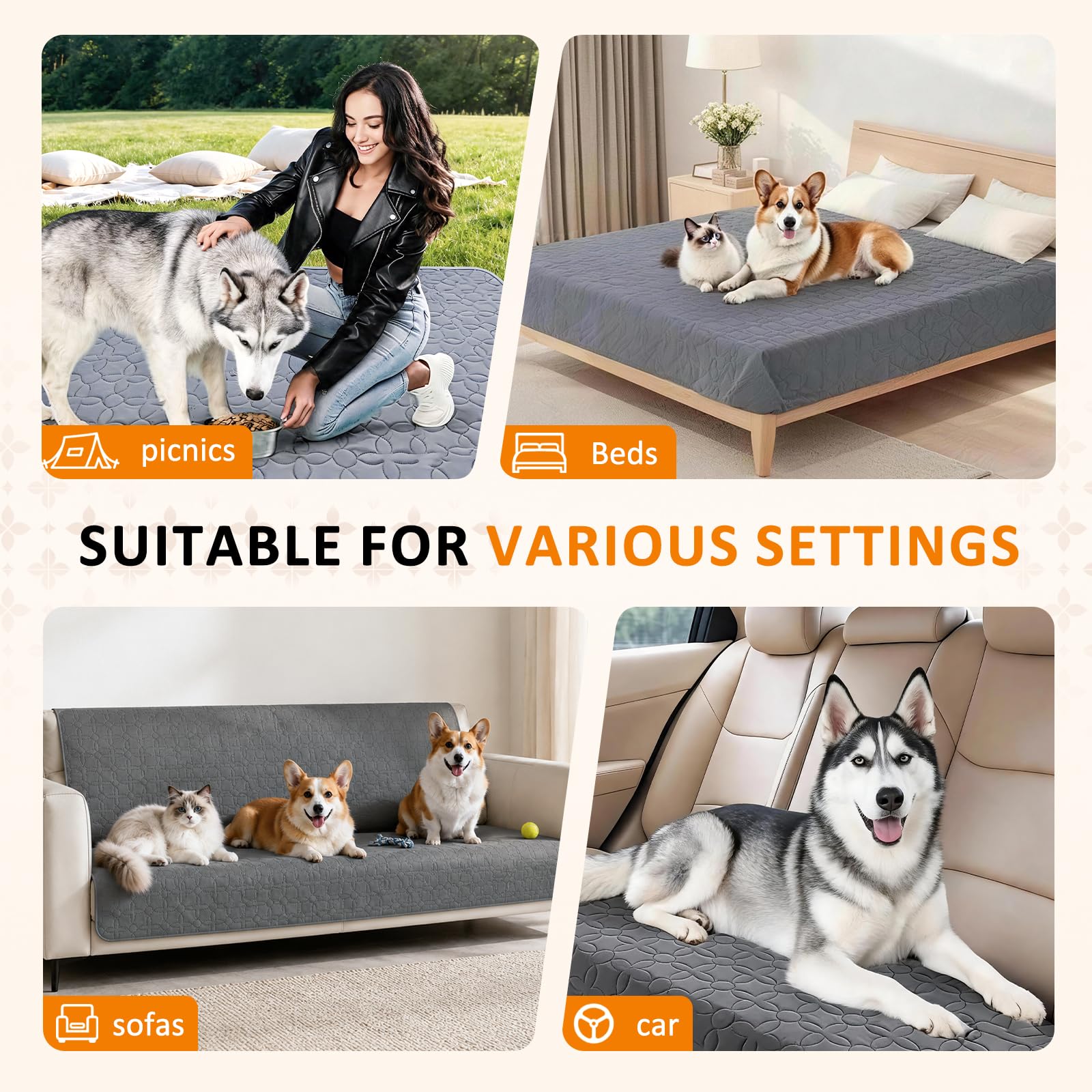 Manta impermeable para perros, 208 × 208 cm, manta para perros para sofás y camas, lavable a máquina, impermeable y antideslizante, suave, duradera y cálida, color gris