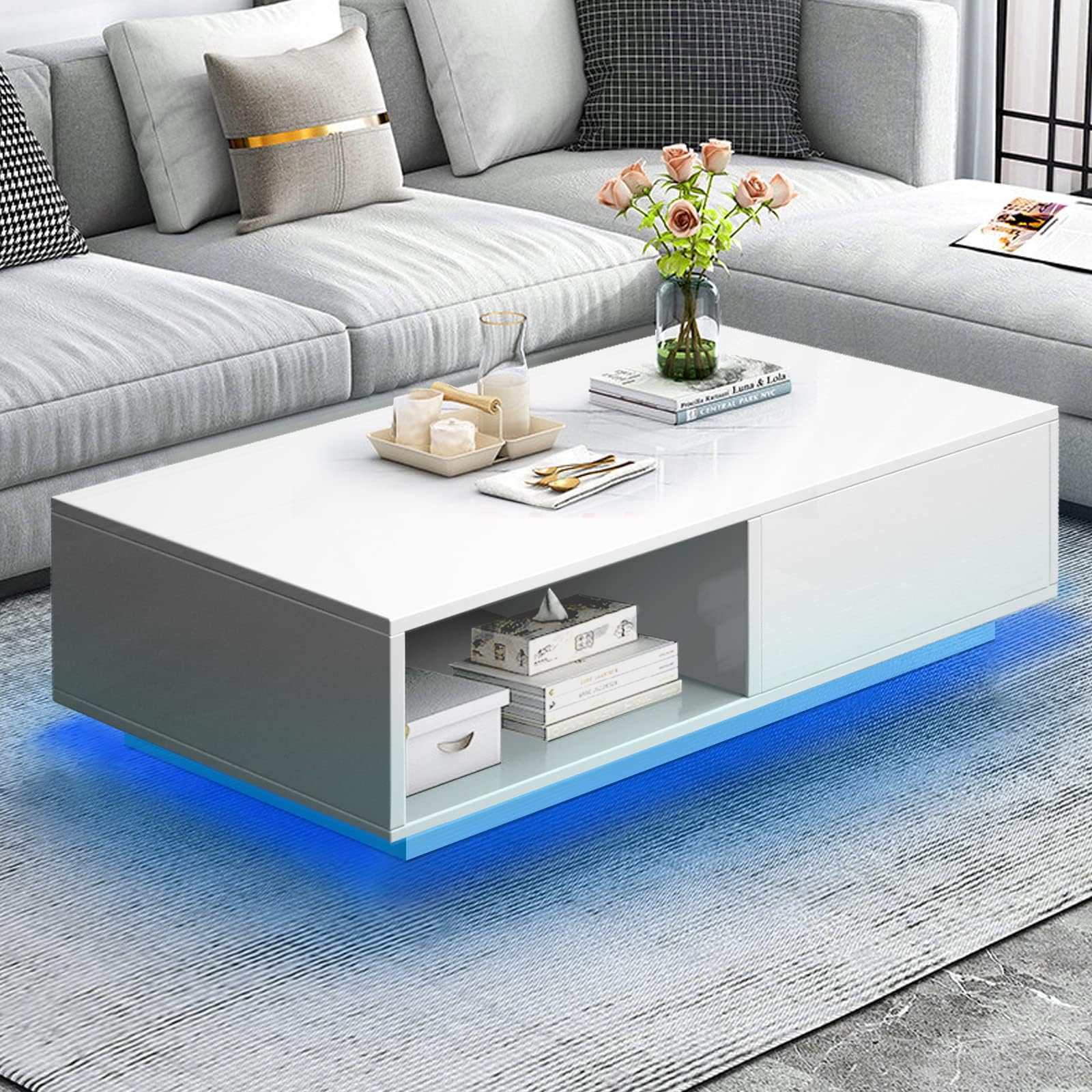 COSVALVE Modern White LED Coffee Tables for Living Room with Drawer & 16-Color LED Lights, Rectangle Living Room Sofa Table with Ample Storage Space(