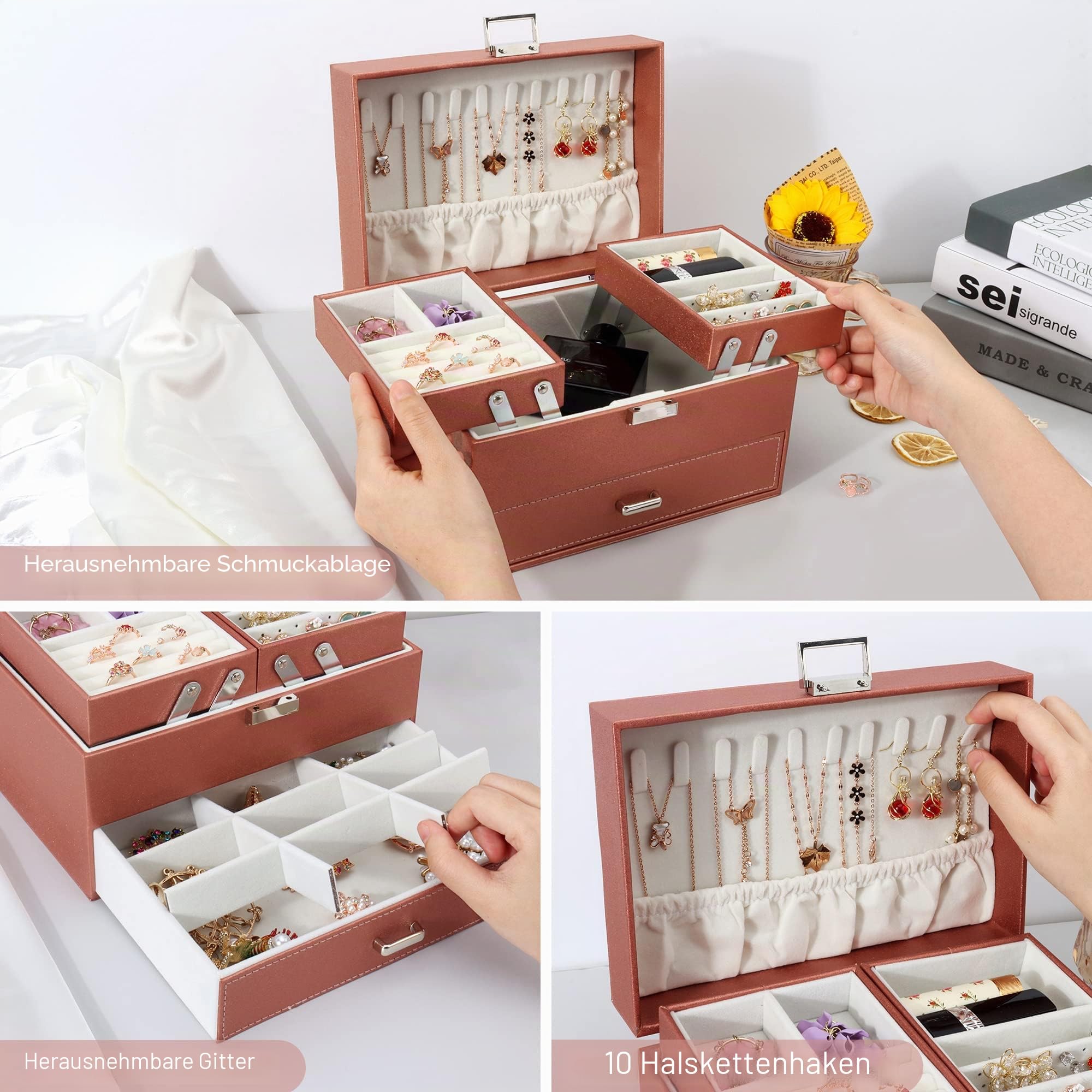Schmuckkasten, Schmuckkästchen mit Schubladen für Damen Mädchen, PU-Leder Jewelry Box Schmuckbox Schmuckschatulle Groß Schmuckaufbewahrung für Ringe Ohrringe Armbänder Halsketten, Roségold