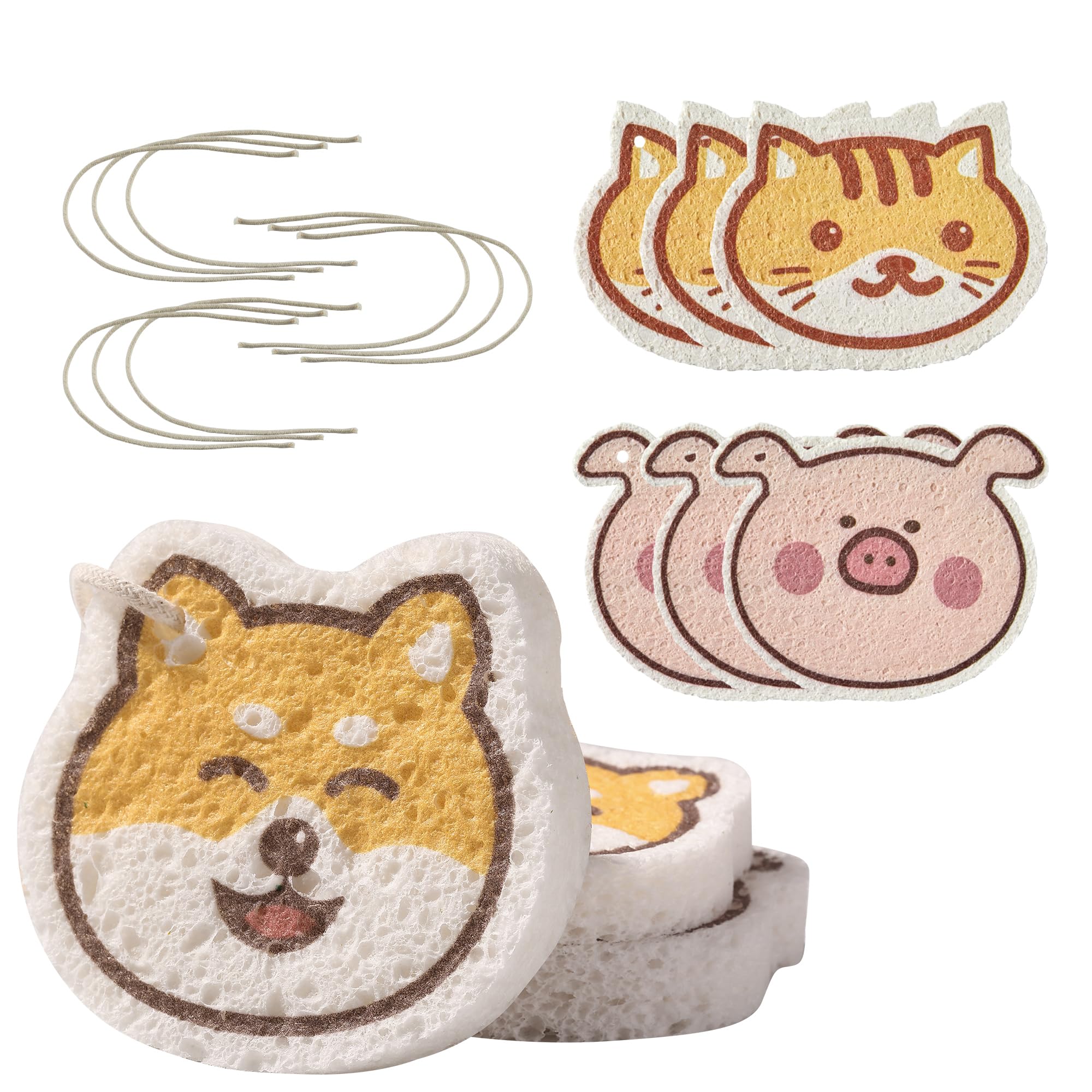 JOYMOOP Cartoon Kitchen Sponge, Cellulose Sponges for Cleaning, Non-Scratch Sponges for Dishes, Reusable Sponge for Household Cleaning - 9 Pcs Mixed Pattern (Kitten, Doggy and Piggy)