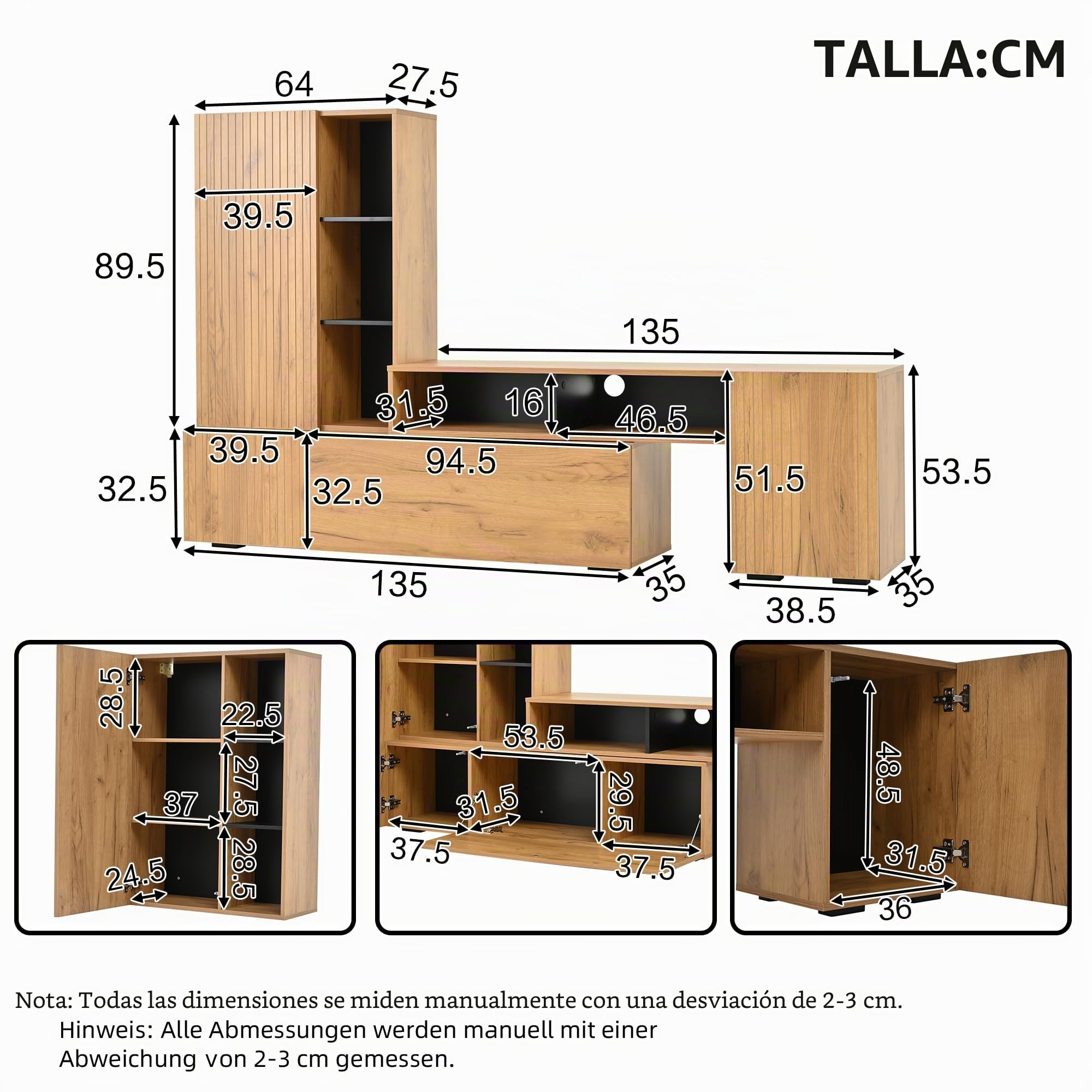 Juego de pared para TV con vitrina (juego completo, 2 unidades), incluye tabla de TV y estantería, juego de muebles de salón, longitud flexible hasta 265 cm, de pie y colgante, TV hasta 120 pulgadas