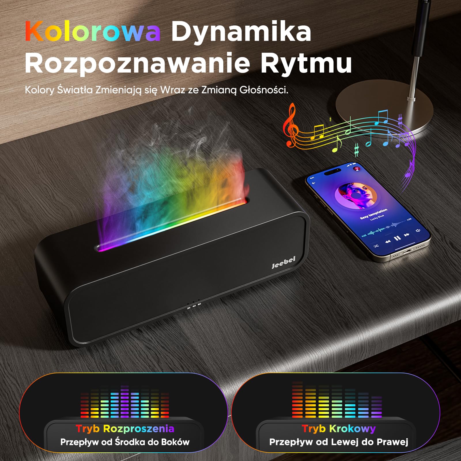 Jeebel Dyfuzor zapachowy do olejków eterycznych – rozpoznawanie rytmu, dyfuzor do aromaterapii, z funkcją zmiany płomienia RGB, pilot zdalnego sterowania, 7 trybów, timer – 250 ml mini nawilżacz