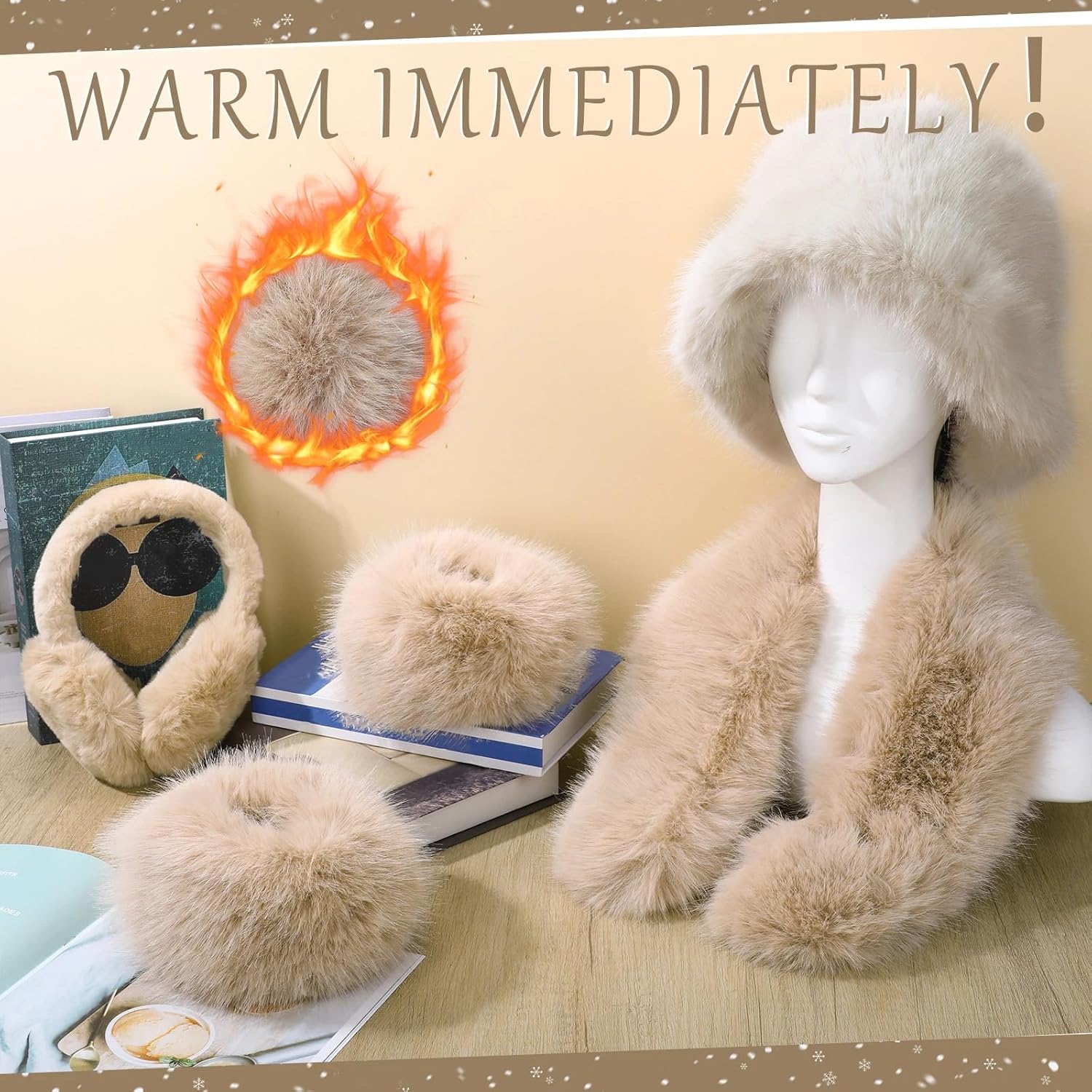 4 Pcs Winter Faux Fur Set for Women Fur Collar Scarf Wrap Winter Fuzzy Bucket Hat Ear Muffs Foldable Wrist Cuffs Accessories - Image 4