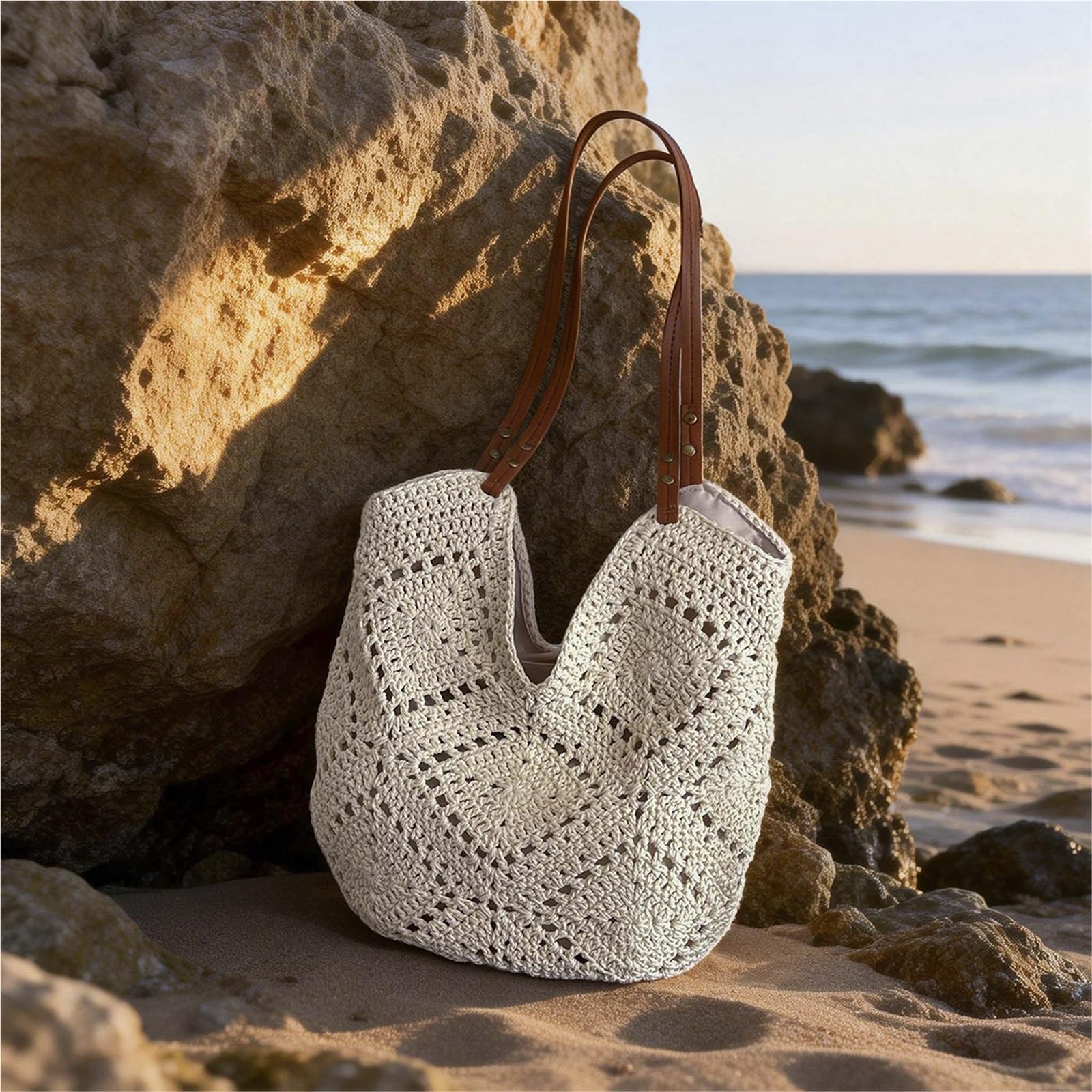 borsa donna estiva Borsa tote intrecciata a mano di grande capacità, borsa a spalla singola da donna, stile semplice, in cotone