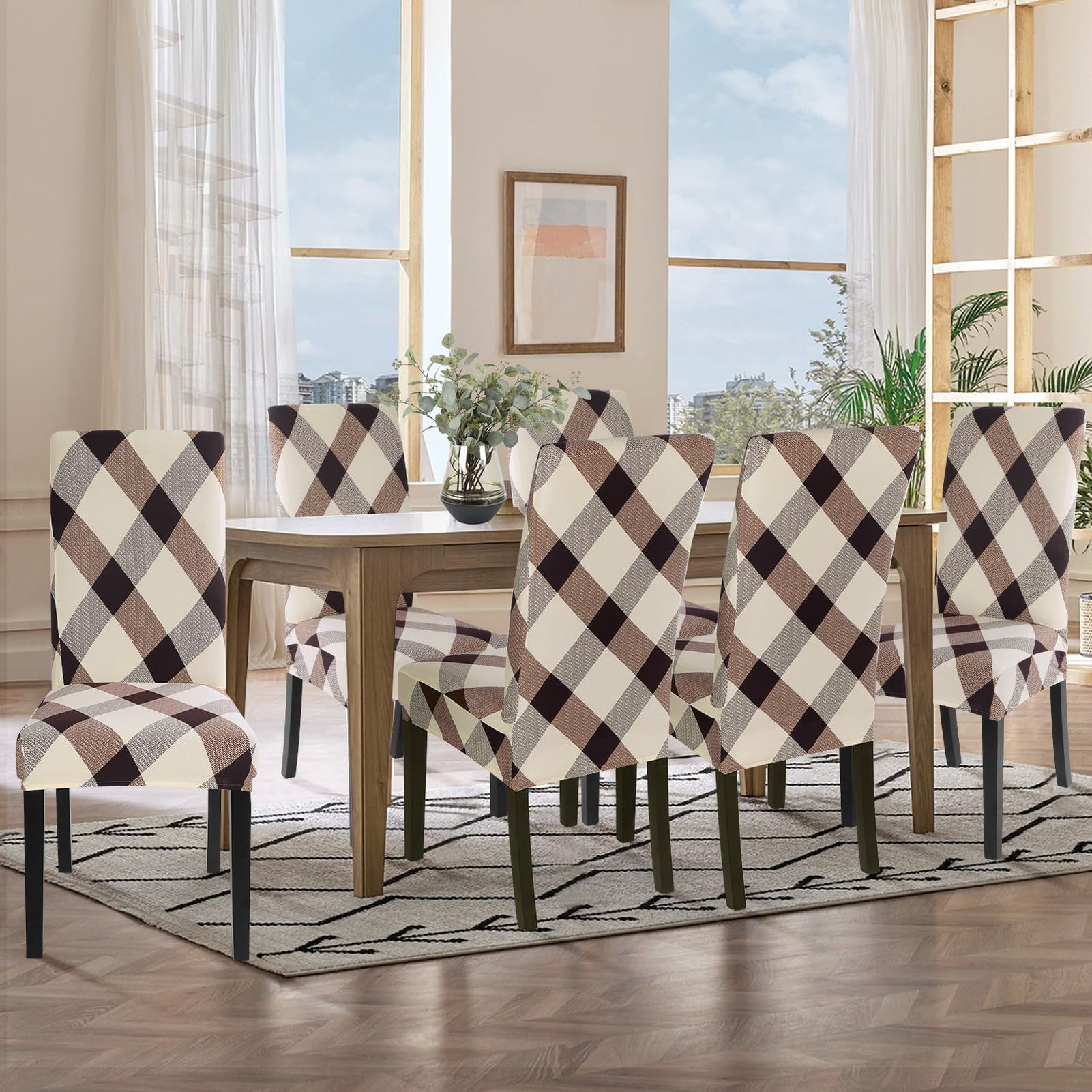 SearchI Dining Room Chair Covers Slipcovers Set of 6,Spandex Super Fit Stretch Removable Washable Kitchen Parsons Chair Covers Protector for Dining Room,Hotel,Ceremony (Lattice)