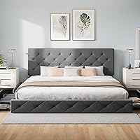 Vista 71 de WEEWAY Base de cama de plataforma de tamaño matrimonial con 4 cajones de almacenamiento, cabecera capitonada con botones de costura de diamante