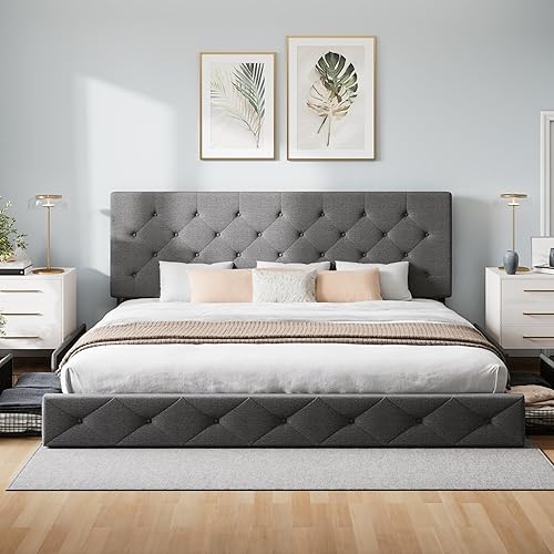 Miniatura 71 de WEEWAY Base de cama de plataforma tamaño Queen con 4 cajones de almacenamiento, cabecera capitonada con botones de costura de diamante, base de