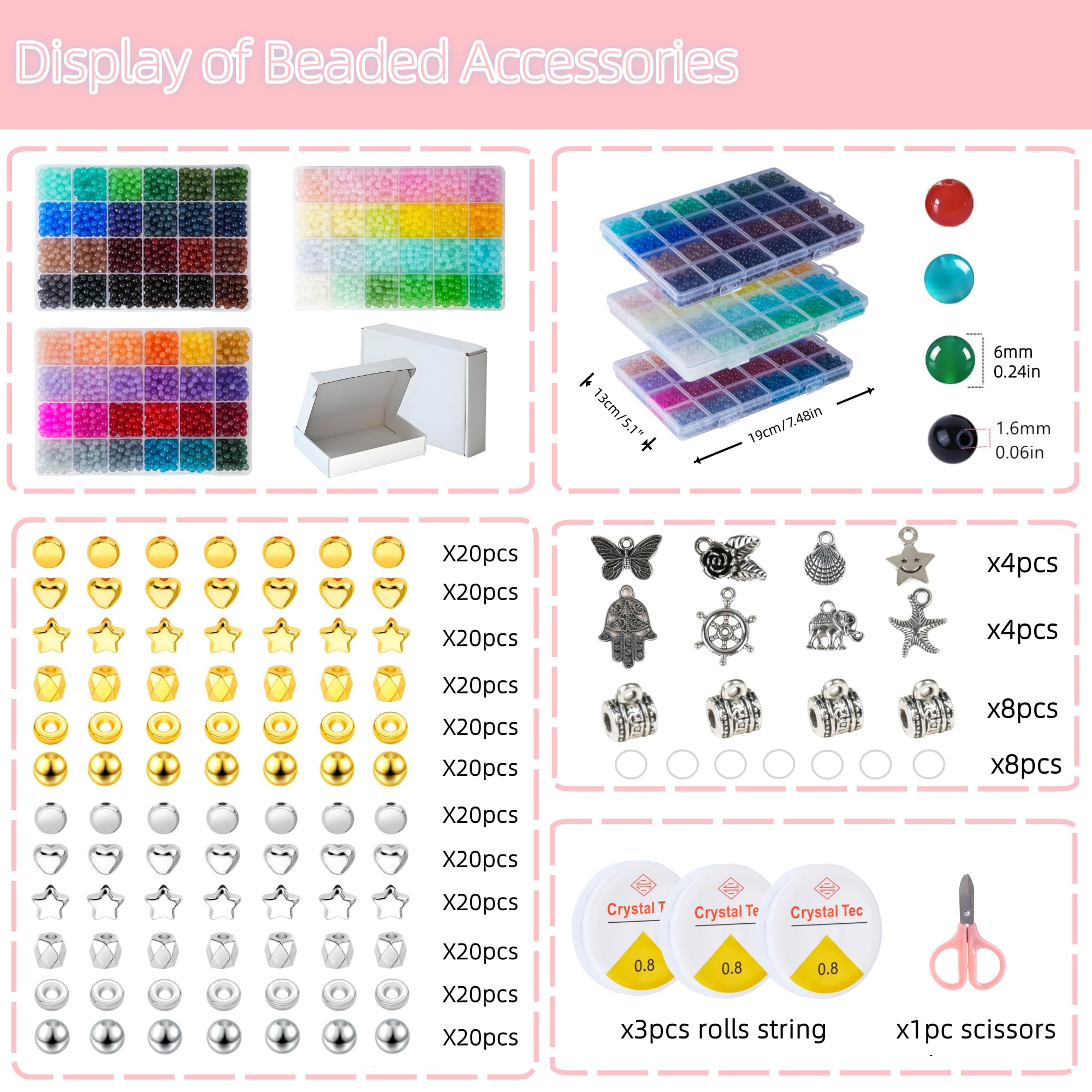 72 Colors 6mm Glass Beads for Jewelry Making,3000PCS+ Round Crystal Glass Beads Bracelet Making Kit with Accessories, Bead Starter Kit Crafts Gifts Set Suitable for Teen Adults