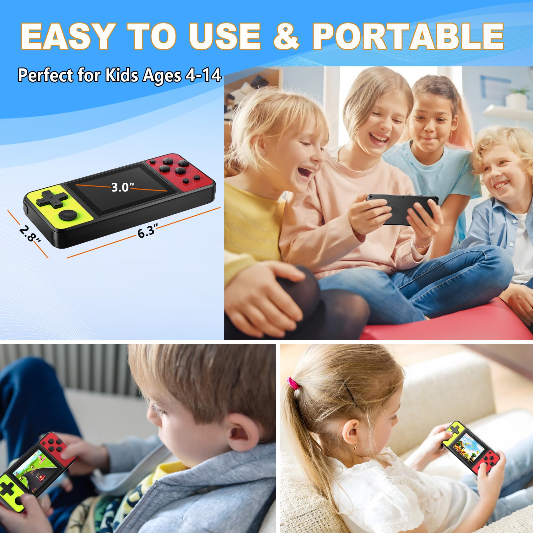 Juegos de mano de 32 bits para niños, 139 videojuegos integrados, pantalla IPS de 3 pulgadas, recargable, portátil, juguetes electrónicos para niños y niñas, regalo de cumpleaños y Navidad