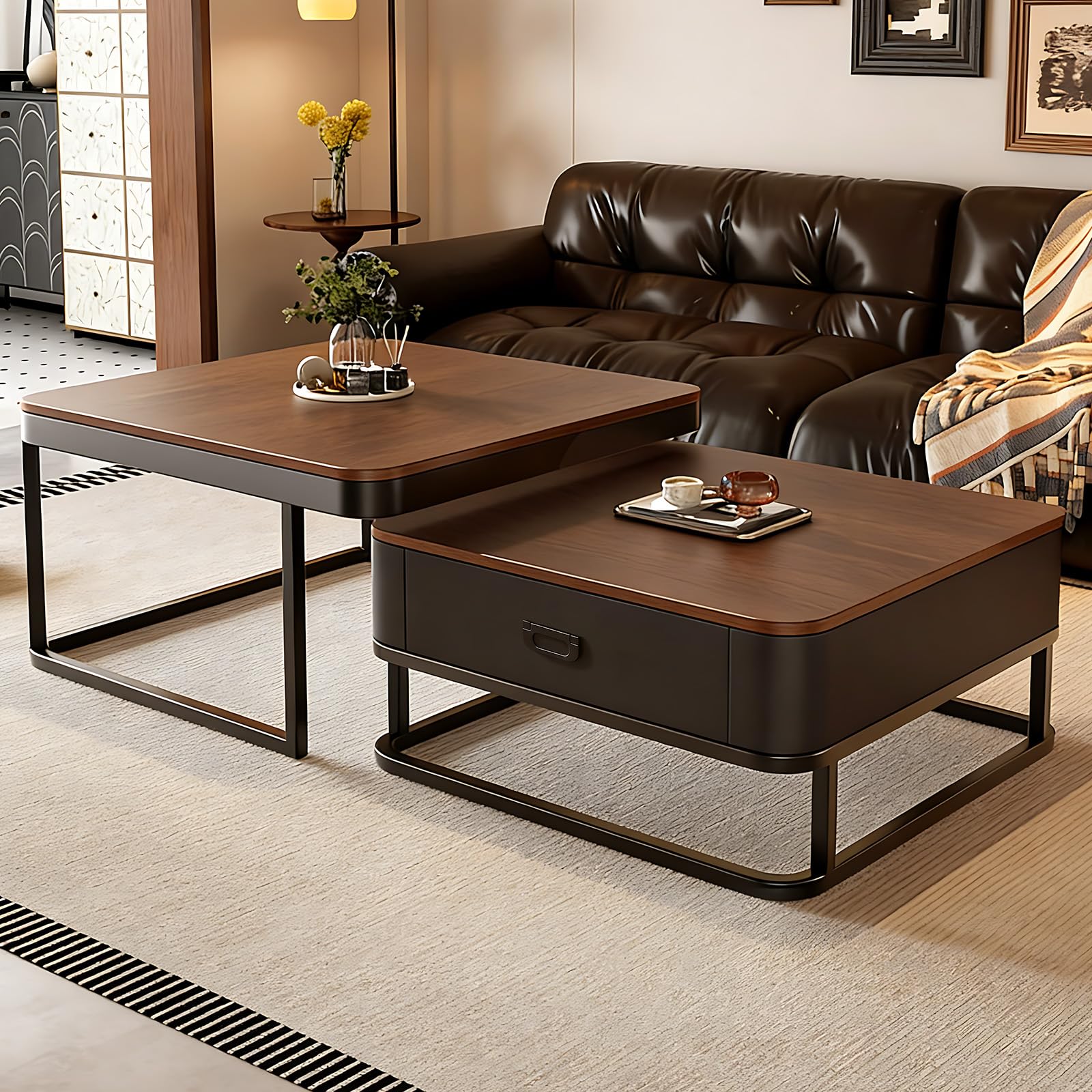 Generisch 2er-Set Kaffeetische, Moderner Ausziehbarer Kaffeetisch, Nussbaum-Kaffeetisch mit Stauraum, Metallgestell, für Wohnzimmer, Schlafzimmer, Nussbaum-Optik