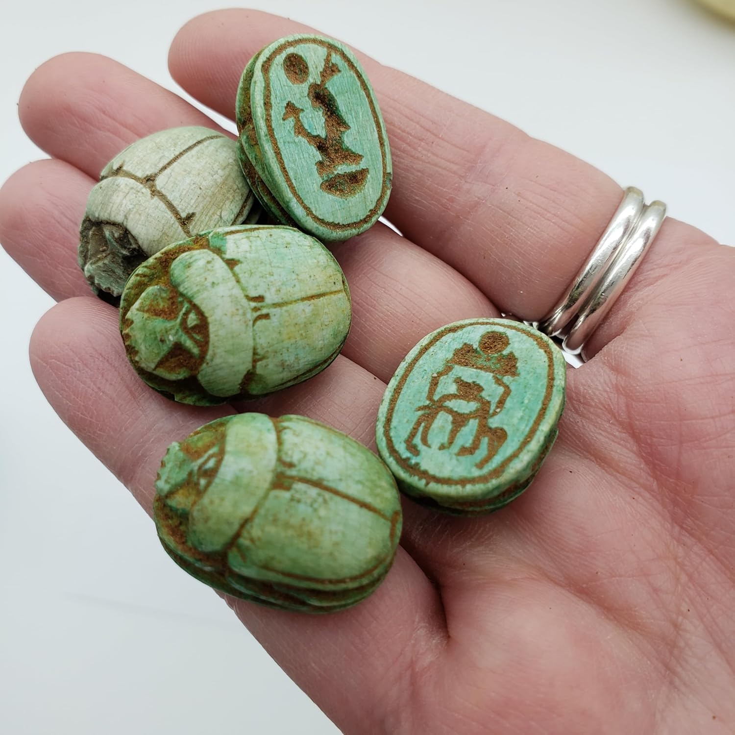 Egyptian Scarab Beads Set of 5 - Green Hand-Carved Soapstone - Ancient Egypt Hieroglyphs - Made in Egypt