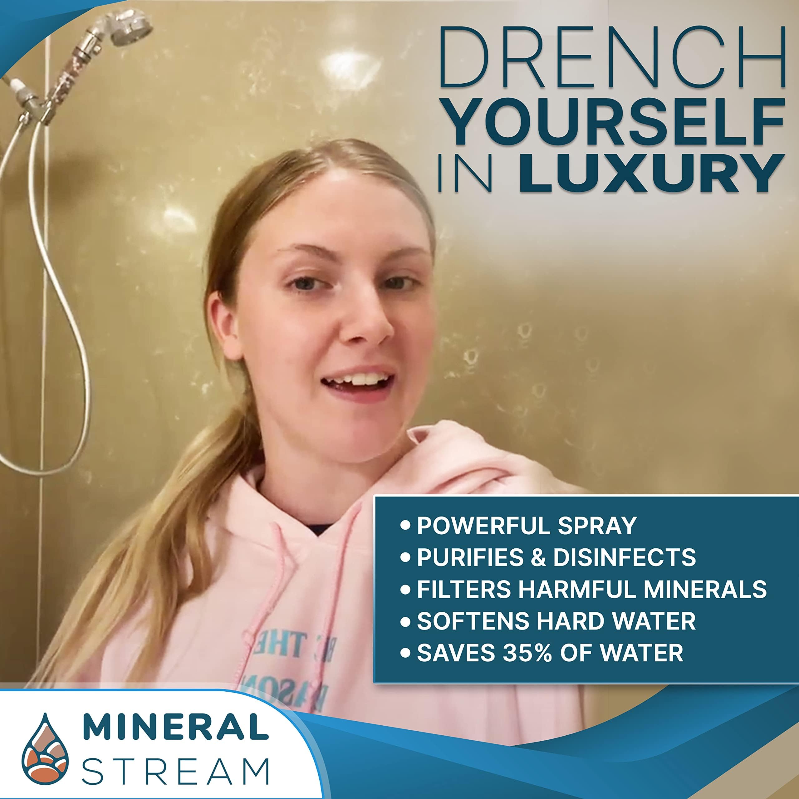 MineralStream Cabezal de ducha iónico 2.0 + manguera, cabezales de ducha Ecowater Spa para cabello seco y piel, 3 ajustes, cabezal de ducha de alta presión con cuentas de filtro