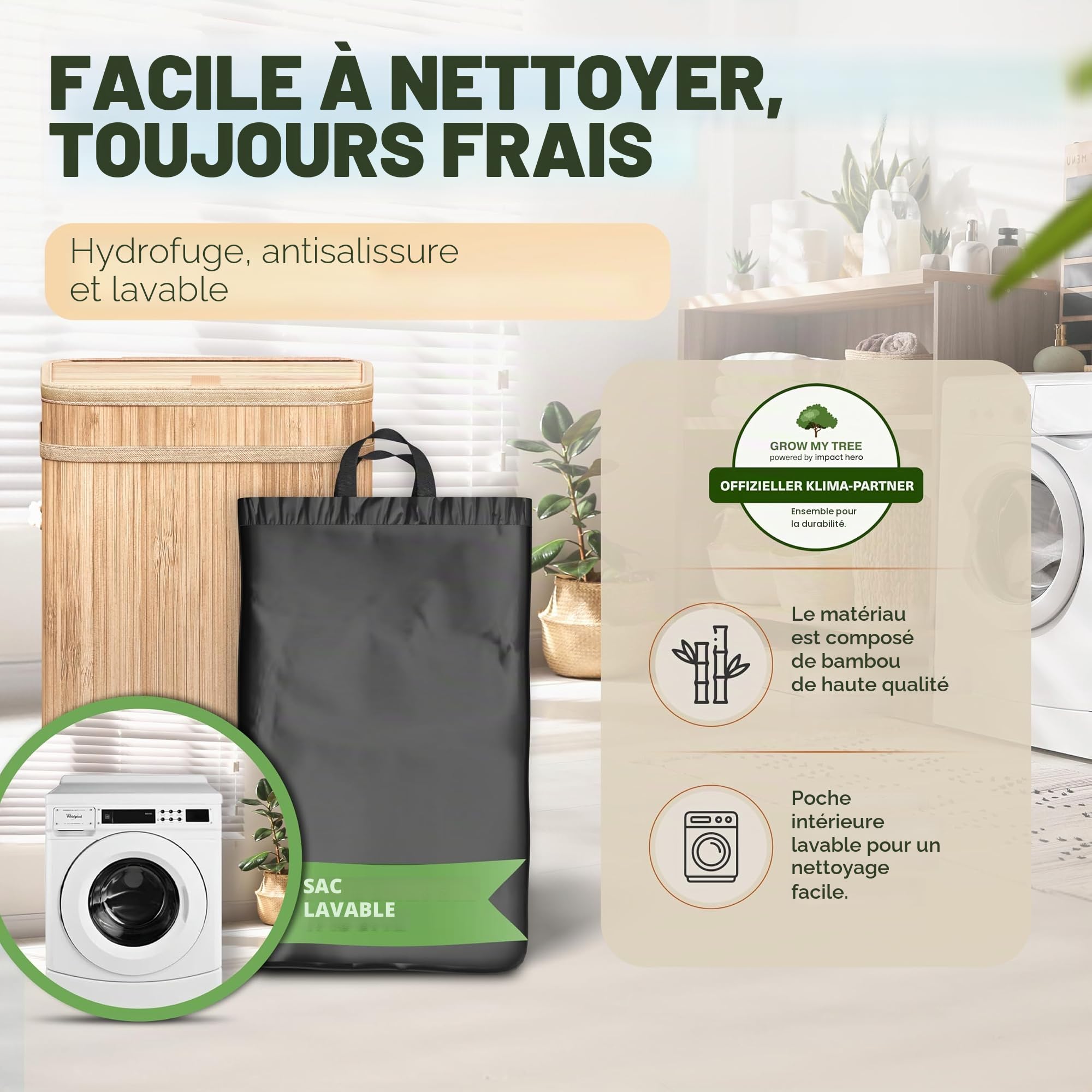 COTTARA Support de sac poubelle jaune avec couvercle - Support pour sacs poubelle en bambou - Avec sac intérieur lavable - Système de déchets de 60 à 120 l - Double maintien renforcé