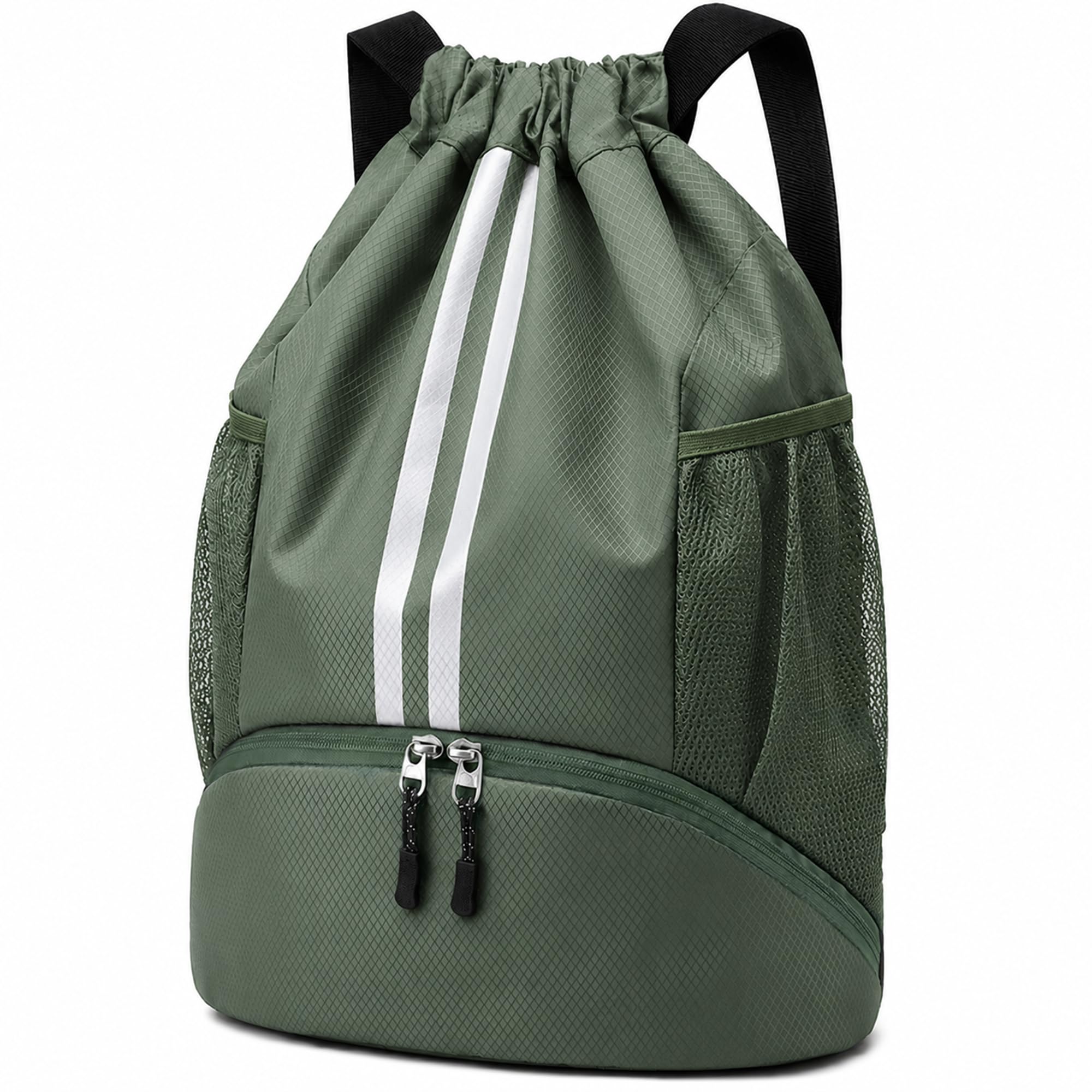 Sioloc Water Resistant Drawstring Backpack, Sports Gym Swim Bag with Shoe Compartment, Wet Dry Pocket, Lightweight Large Capacity for Men & Women (Green)