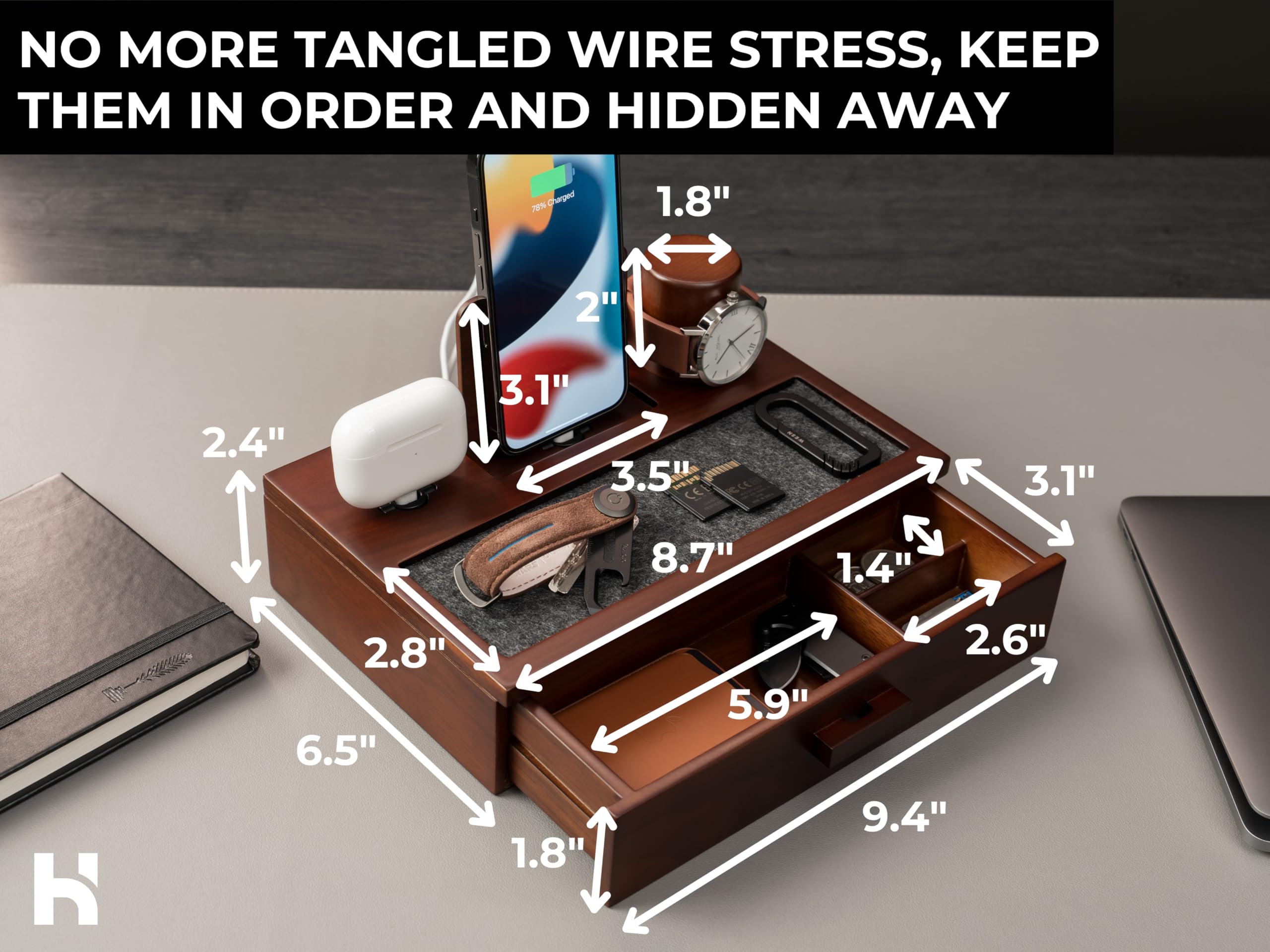 Holme & Hadfield Organizer da comodino da uomo, docking station unica in legno per caricare il telefono e gli auricolari, stazione di ricarica in legno con vassoio foderato e cassetto, docking station
