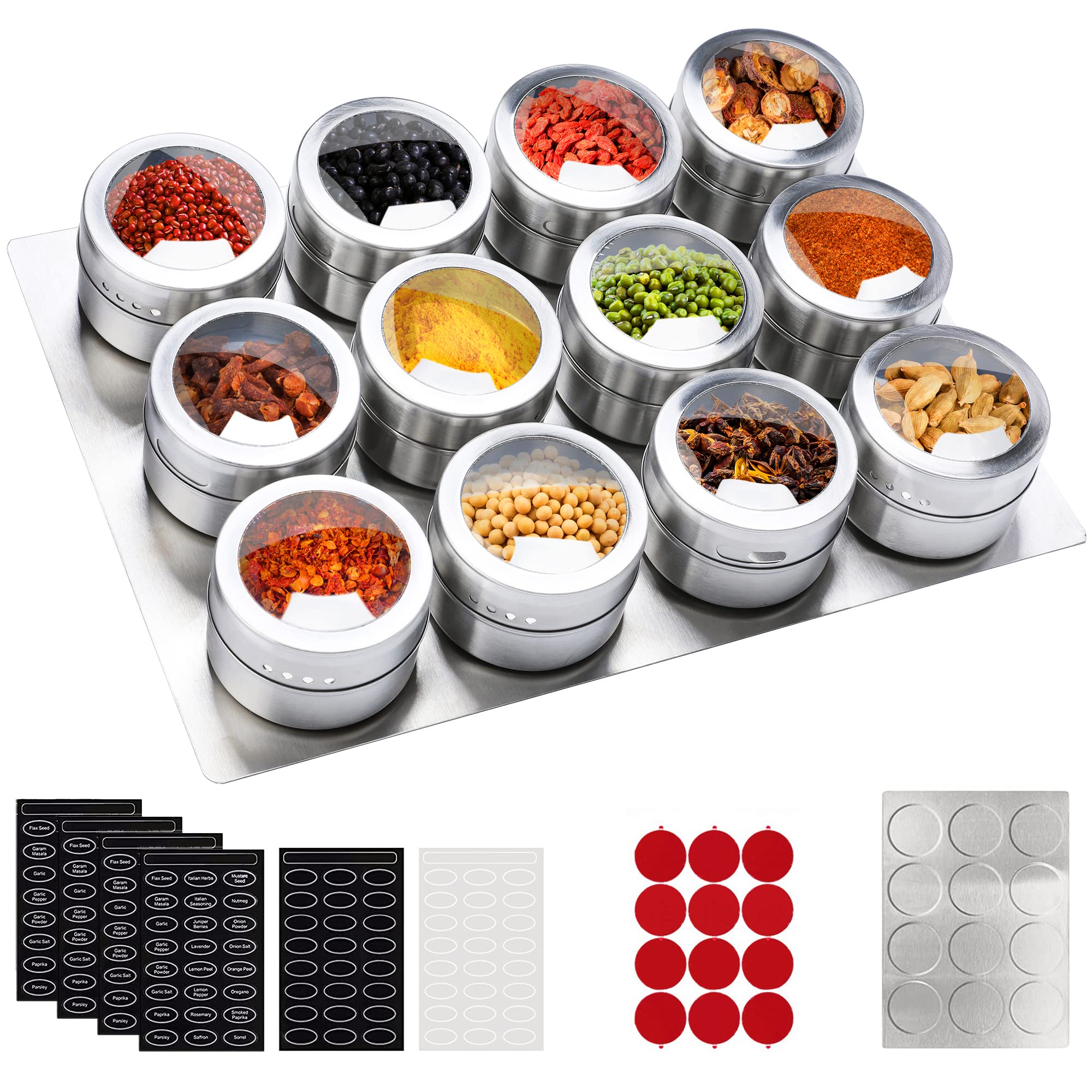 ILEBYGO Magnetic Spice Tins 12pcs Stainless Steel Spice Jars with Wall Plate Racks,Storage Spice Containers,Clear Top Lid with Sift or Pour,120 Spice Stickers,Magnetic on Refrigerator and Grill