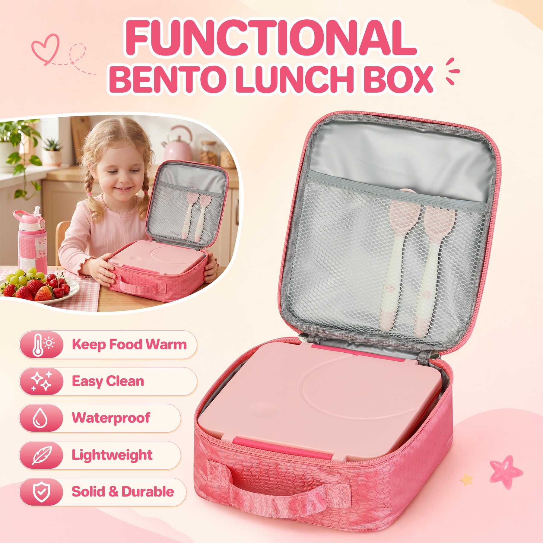 Bento-Lunchbox für Mädchen mit 237 ml Suppen-Thermo- und Lunchtasche, auslaufsichere Lunch-Lebensmittelbehälter mit 4 Fächern, isoliertes Lebensmittelglas für Kinder, Schule (Rosa)