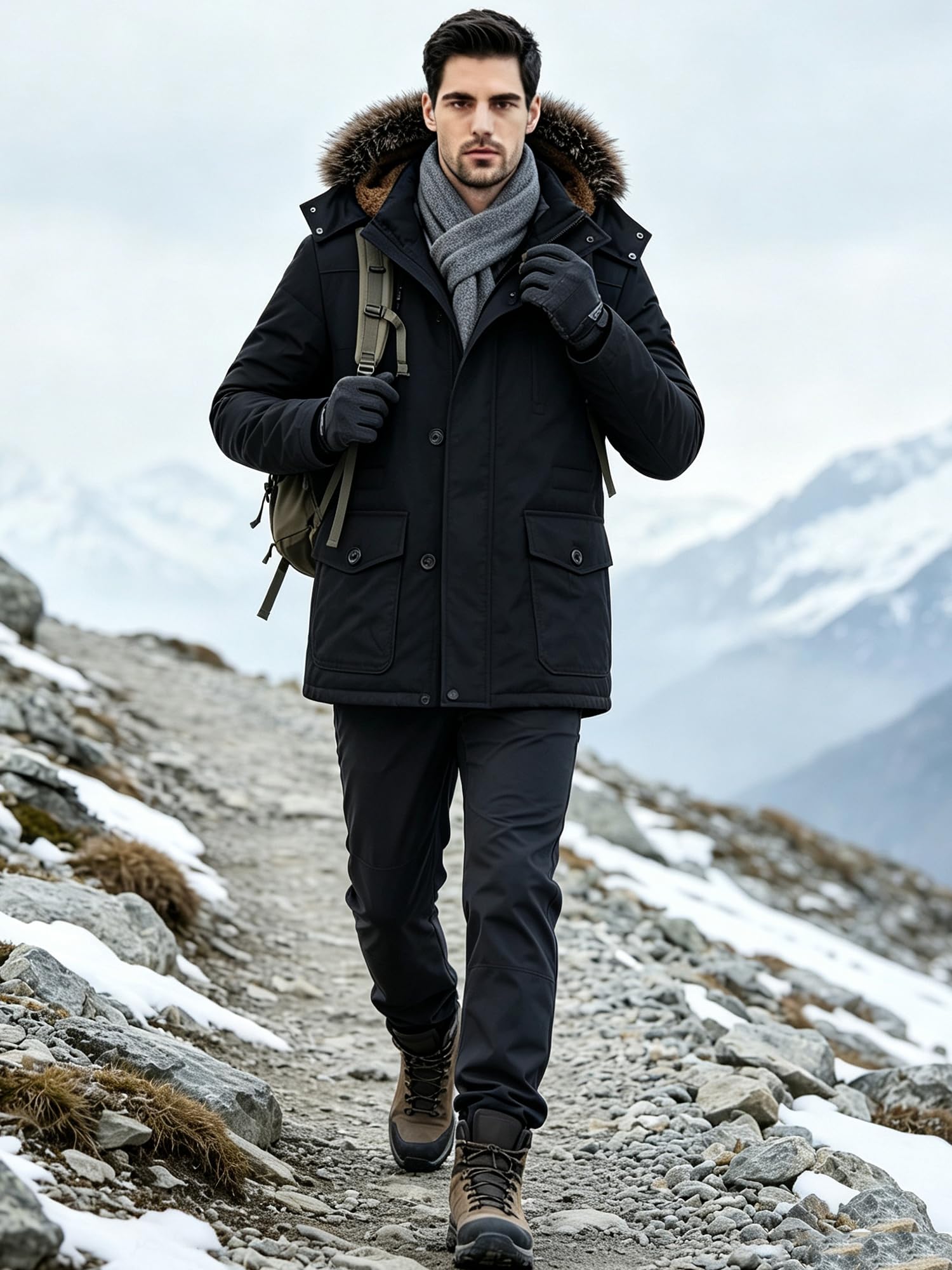 FTCayanz Herren Warme Winterjacke Parka Lang Wintermantel Mit Kunstfell Kapuze Outdoor Gefütterte Steppjacke Jacke