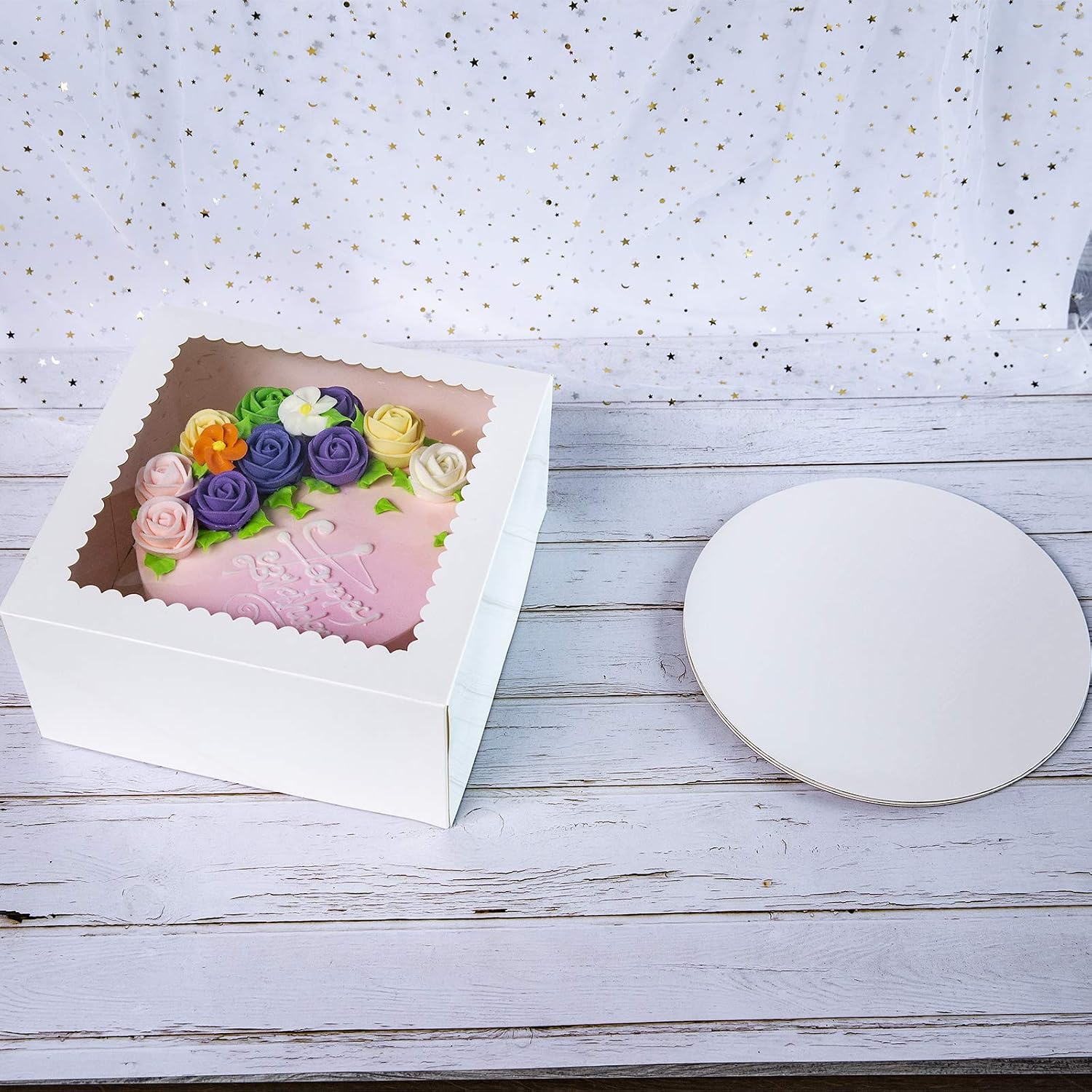 CHERRY [15pcs] 10x10x5 inch Cake Boxes with Boards Set,White Large Tall Sturdy Bakery Boxes with Window Lids Disposable Cardboard Container and Round Plain in bulk 15 Pack of Each