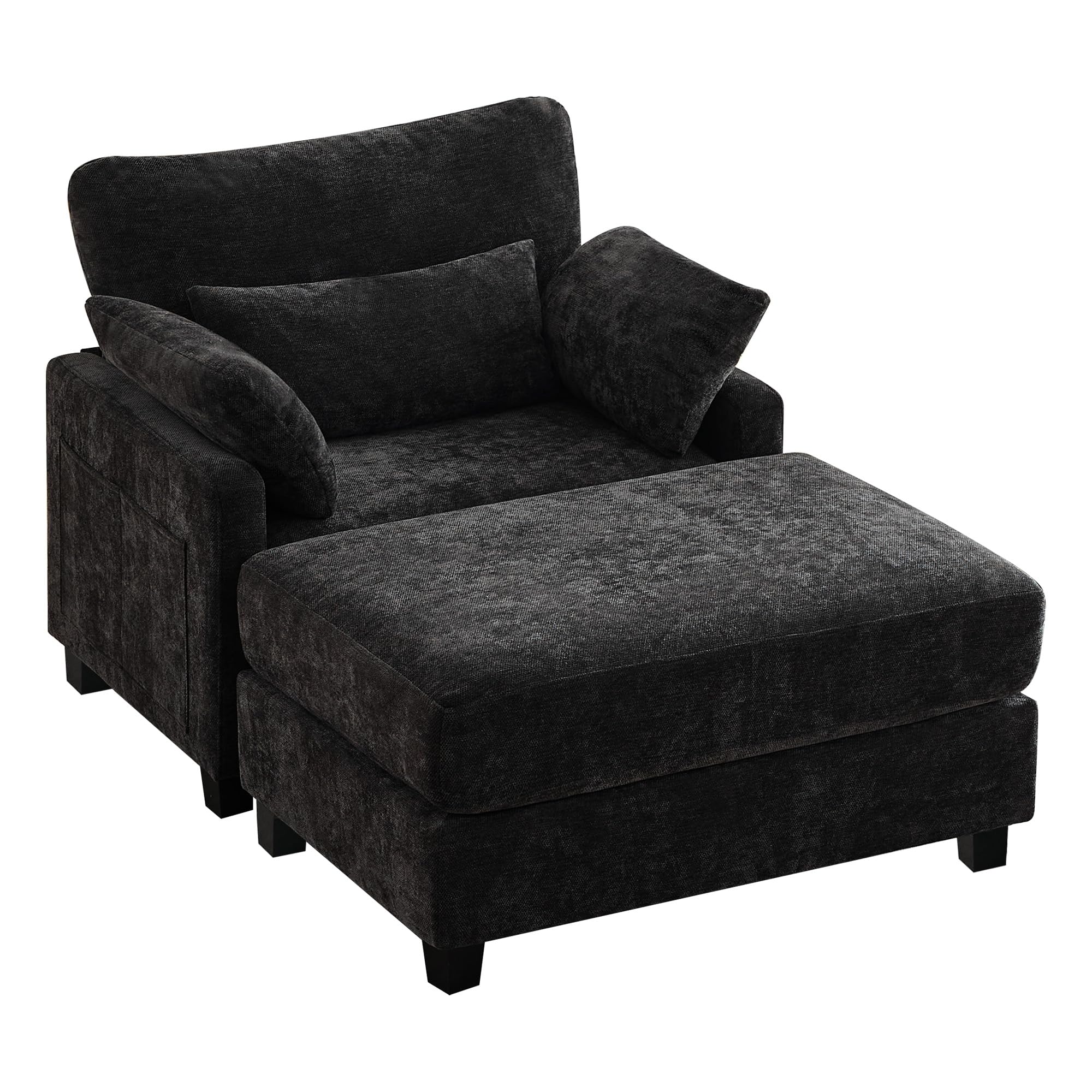 Luxurious Black Chenille Sleeper Chair & Ottoman: 57.5" Oversized Chaise for Ultimate Comfort in Your Living Room, Bedroom, or Office