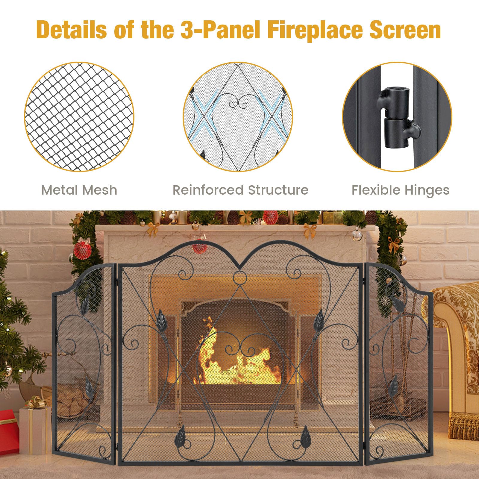 LIFEZEAL Grille de Protection Anti-feu Pliable en Métal 3 Parties, Pare-étincelle 134,5 x 73,5 cm Noir