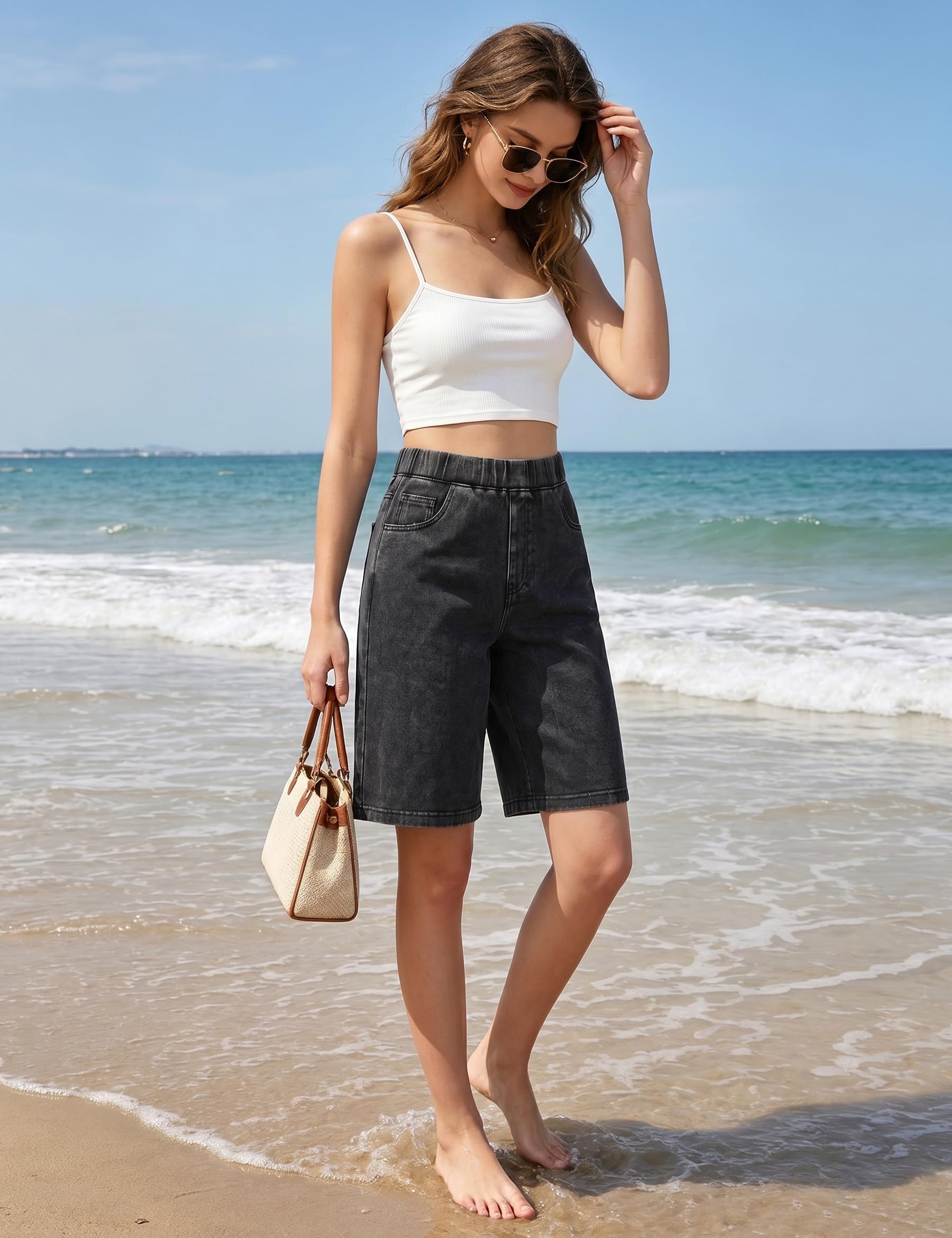 Fengbay Bermuda en jean pour femme, longueur genou, pour l'été, élastique | Short en jean décontracté, taille haute, taille haute, en coton doux, avec poches, pour femme, quotidien, extérieur