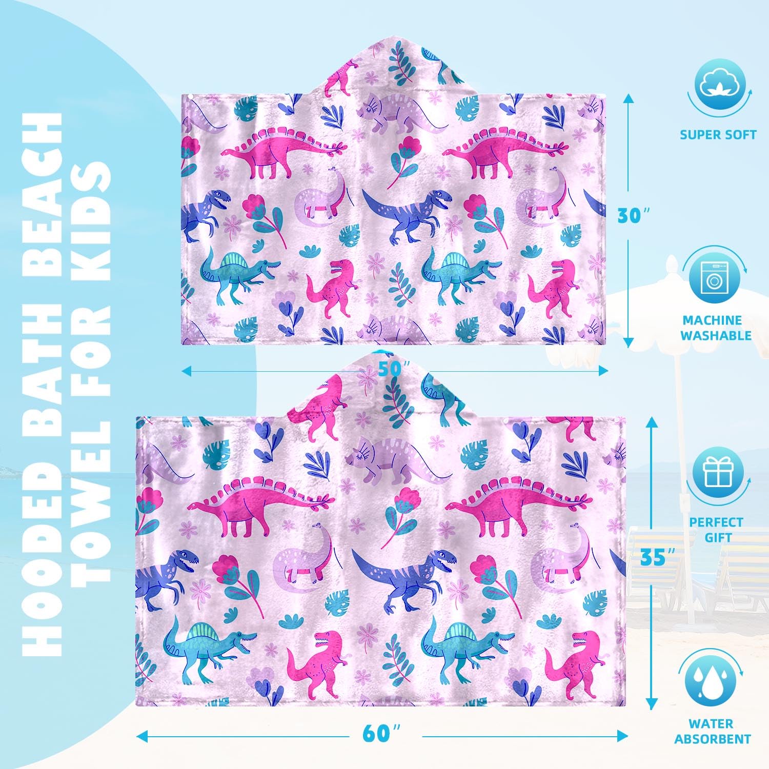Girls Dinosaur Hooded Beach Towel - 35x60 Inch Quick Dry Kids Bath Towel Wrap With Snap Buttons - View #12