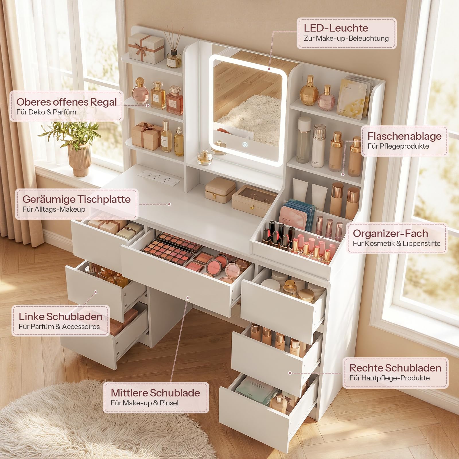 HOOBRO Schminktisch mit Ladestation (2X Steckdose, 1x USB-A, 1x Typ C), Schminktisch mit LED-Licht, 7 Schubladen, 5 offenen Fächern, inkl. Spiegel, für Schlafzimmer, Ankleidezimmer, Weiß