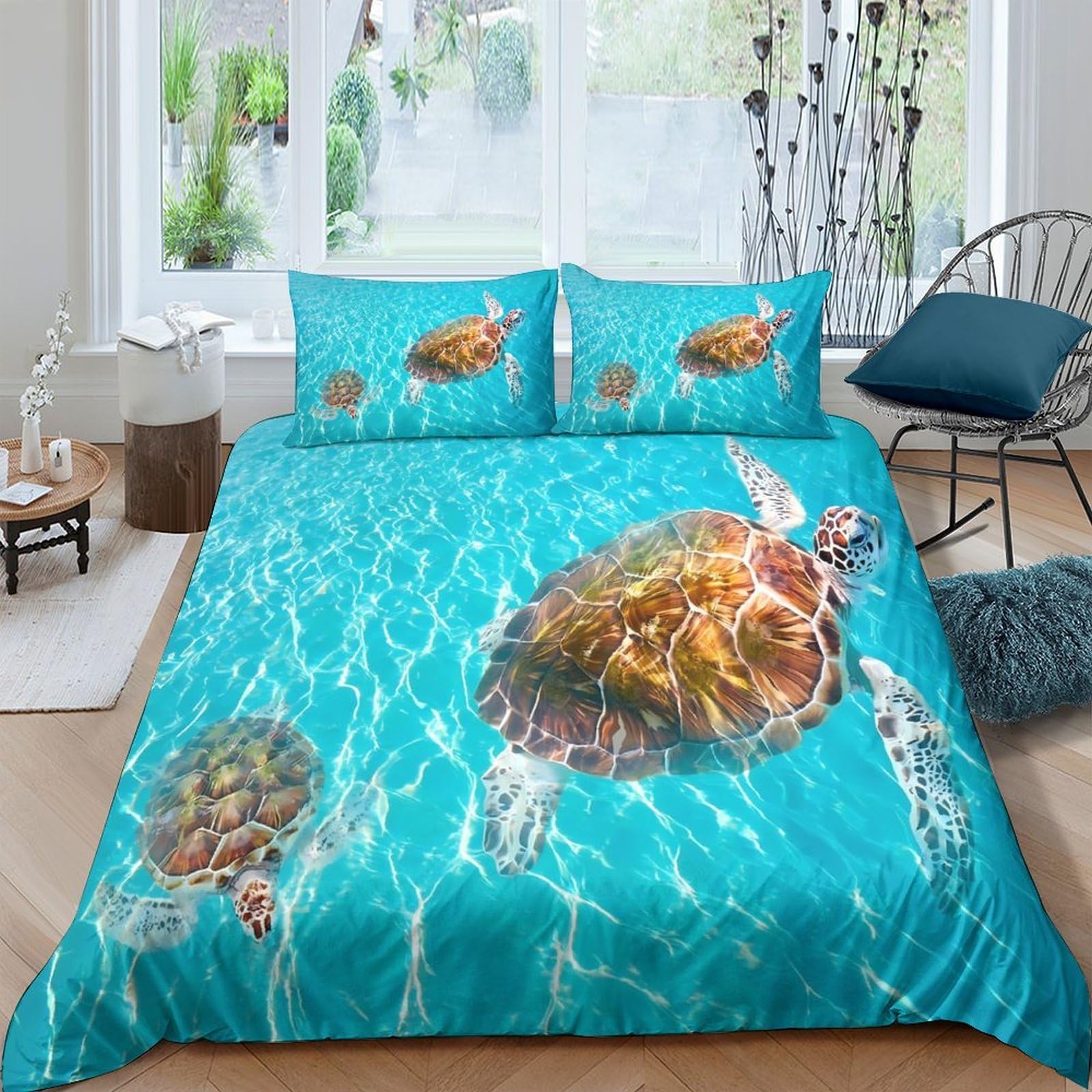 GPLZQXKJNH 3D Printed Sea Turtle Duvet Cover Microfiber Soft Blue Ocean Bedding Set with 2 Pillowcases for Bedroom Decor Single（135x200cm）