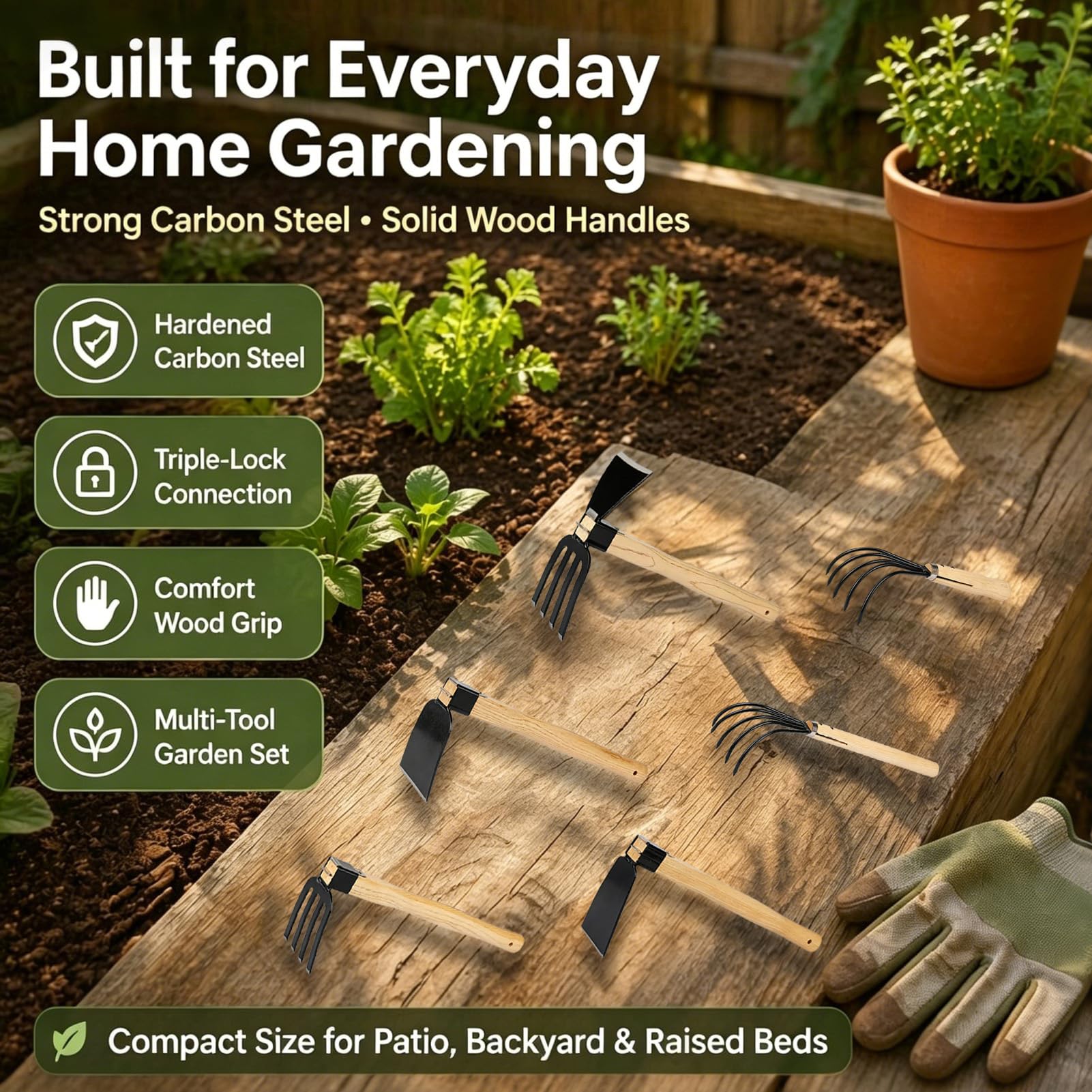Juego de 6 azadas de jardín de mano, herramienta de deshierbe sólida, azada afilada y rastrillo de jardín cultivador con mango de madera, regalo ideal de jardinería para hombres y mujeres
