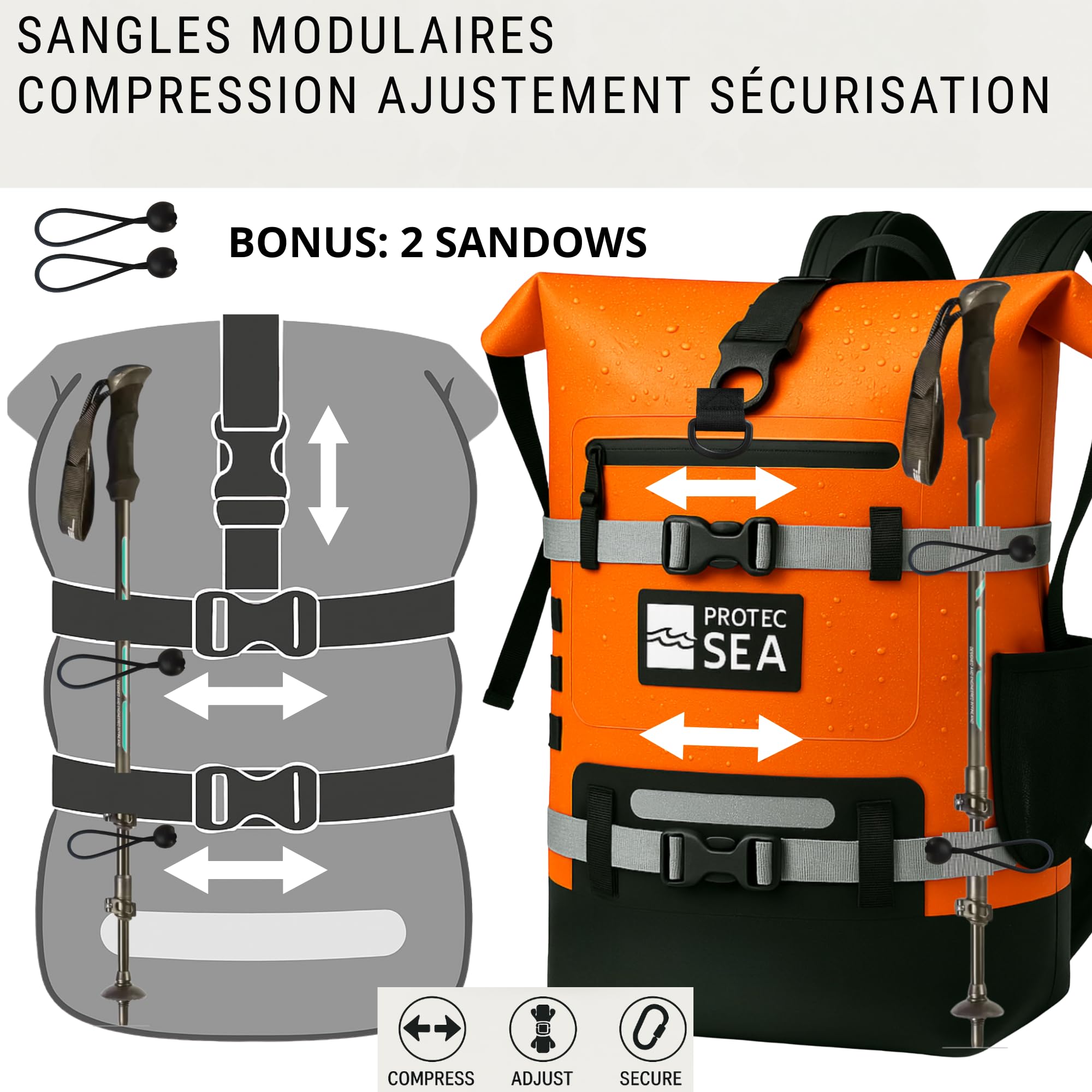 Mochila impermeable (30 L, resistente al agua, IPX6, bolsa de náutica, kayak, pádel, barco senderismo, muchos sujetadores, bolsillo delantero, bolsillo para agua)