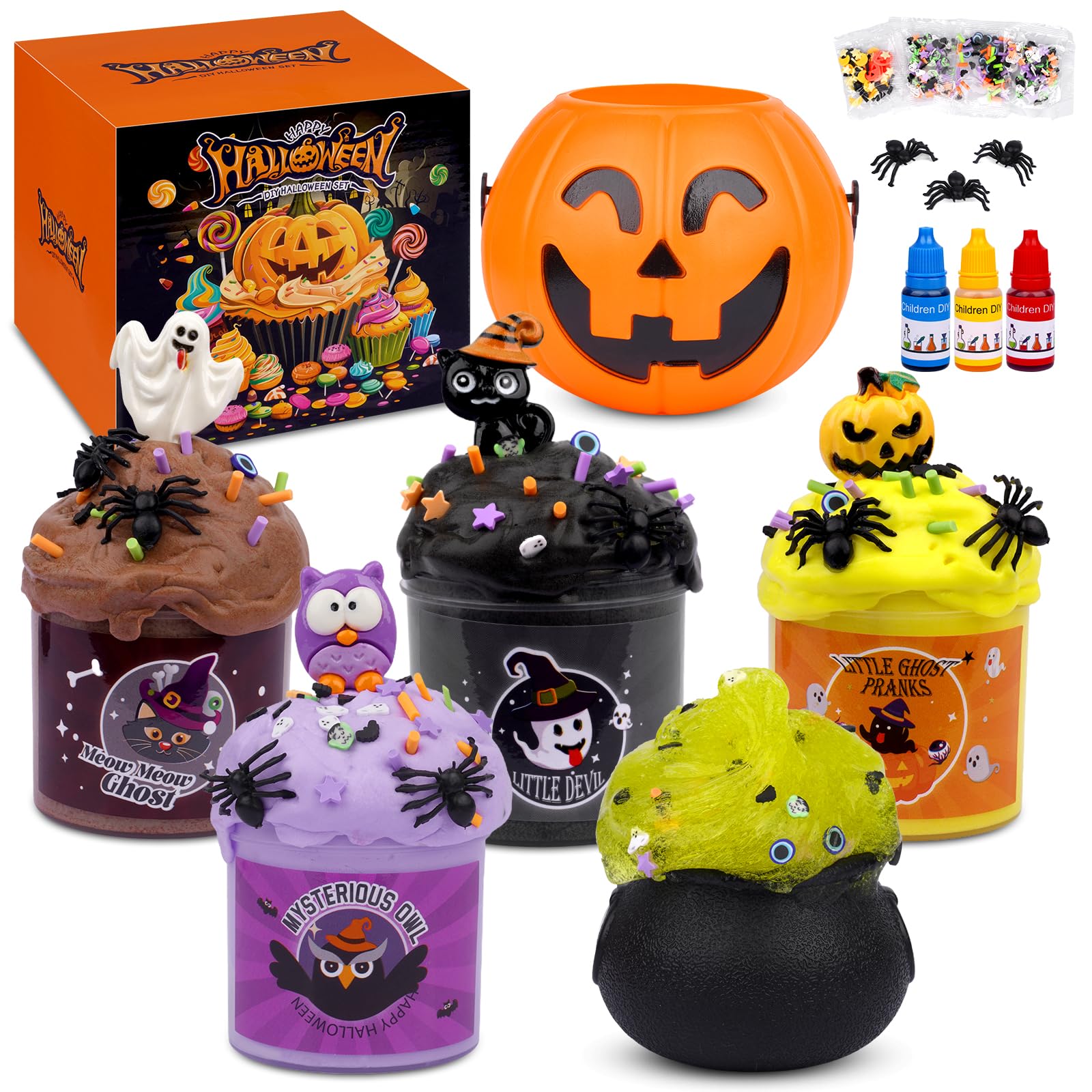 Halloween Slime Kit,5 Packs Butter Slime with Pumpkin Bucket,Cloud Slime Kit for Girls Ages 8-12,Non-Sticky Slime Making Kit with Color Liquid,Halloween Party Favor for Girls and Boys