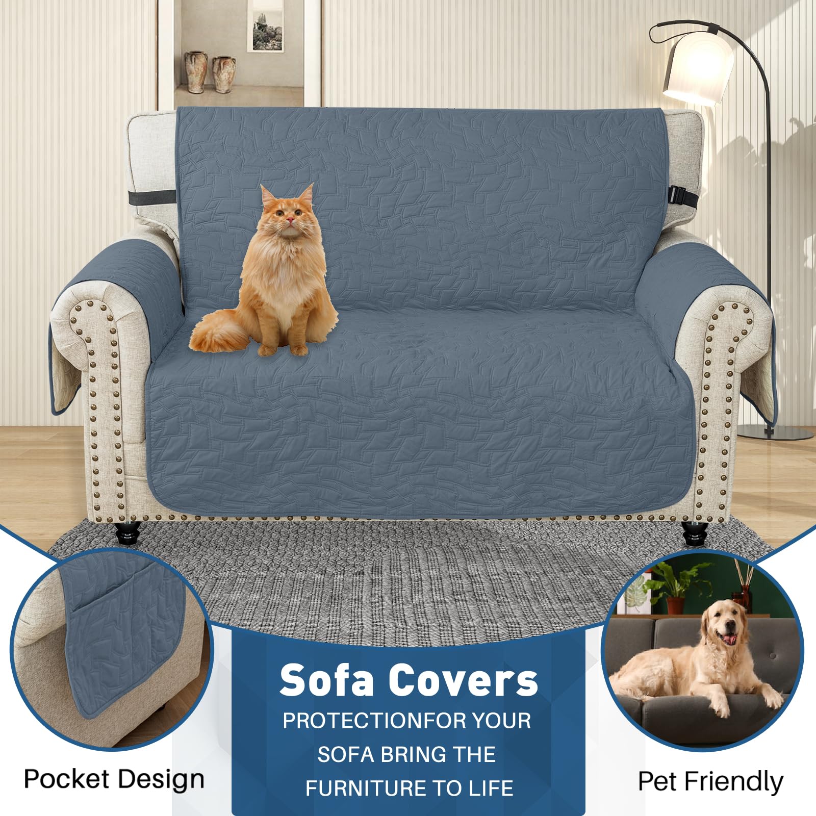 Ystyle Copri Divano 2 Posti Con Braccioli, Impermeabile Copridivano Antigraffio Gatto Cani, Universale Copridivani Trapuntato Salvadivano, Sofa Cover Antiscivolo Antimacchia, Blu Grigio
