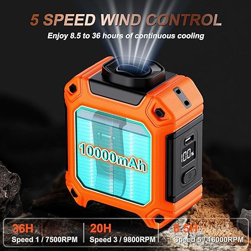 Miniatura 2 de Ventilador de cintura portátil, 10000 mAh, ventilador de cuello con cinturón portátil de 5 velocidades de hasta 36 horas recargable, banco de