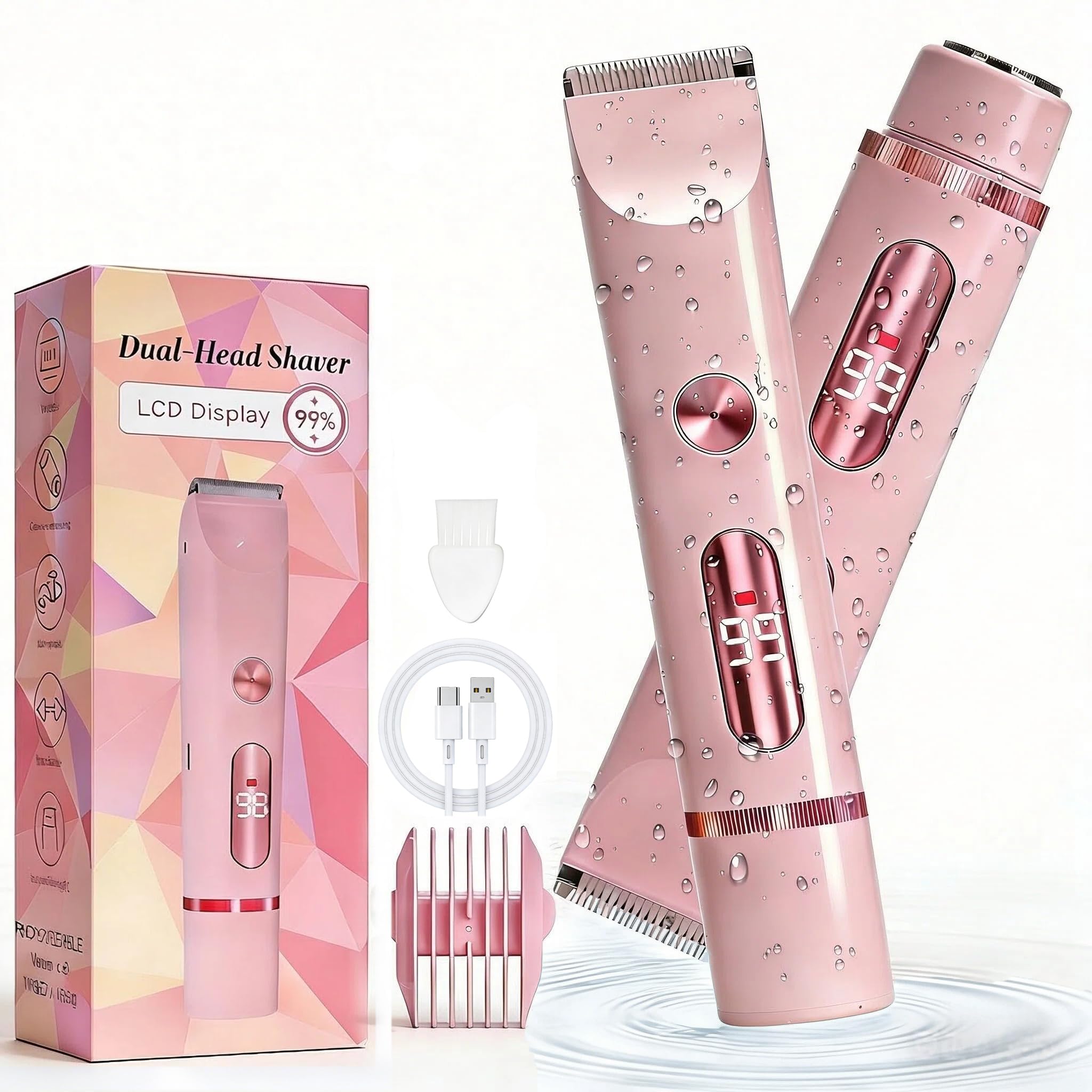Rasoir Électrique 2 en 1 Femme - Tondeuse Intime & Visage, Étanche IPX7 Douche Humide/Sec, avec Écran LED et Lames Hypoallergéniques pour Zones Sensibles, Précise et Sans Irritation (Rose)